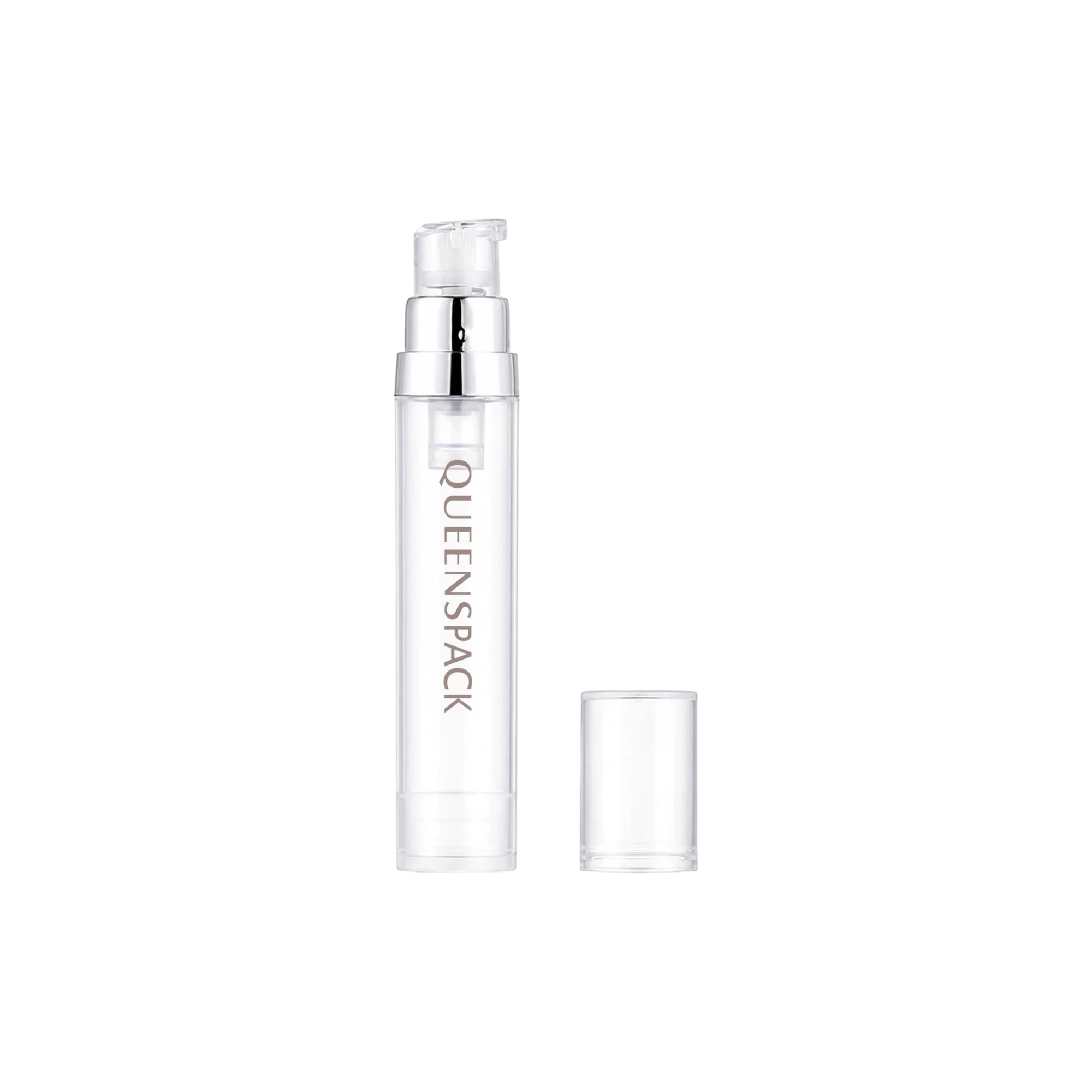Queens Packaging Co., ltd. 0.34oz / 10ml PP Slim Cylinder Airless Pump Bottle with Clear Overcap & PP Pump with Metallized Collar, 0.12cc Dosage