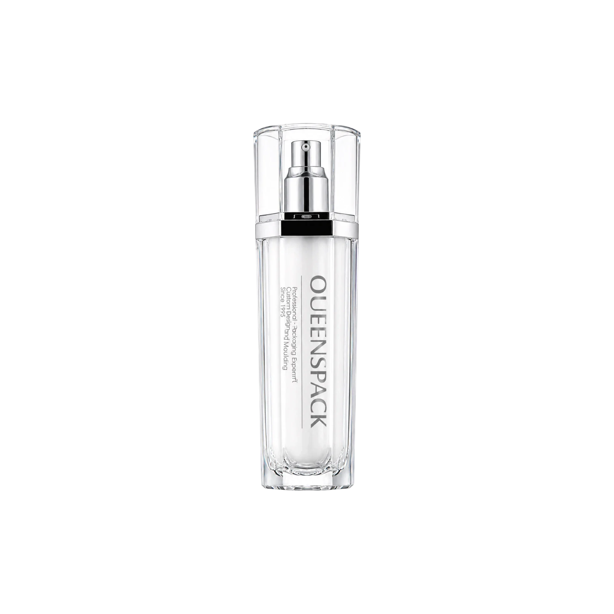 Queens Packaging Co., ltd. 2.7oz / 80ml Acrylic Double-Wall Tapered Hexagonal Pump Bottle with Acrylic Overcap, PP Inner Bottle & Aluminum Pump