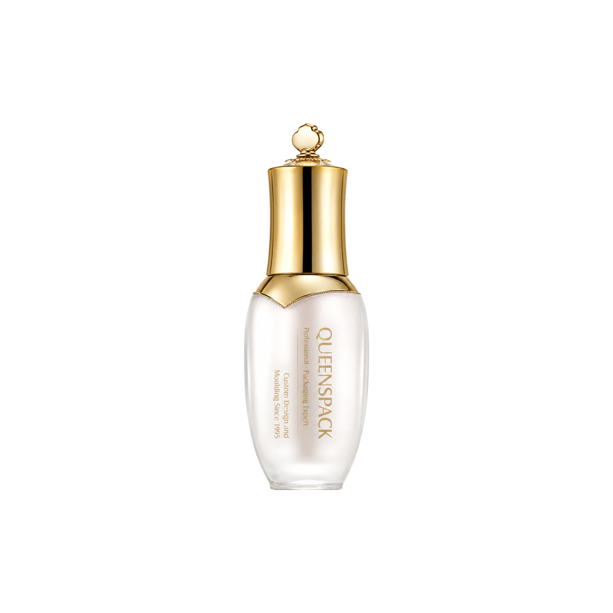 Queens Packaging Co., ltd. 1oz / 30ml Acrylic Double-Wall Round Pump Bottle with Decorative Crown-Topped Overcap, Metallized Shoulder & PP Pump with Metallized ABS Collar