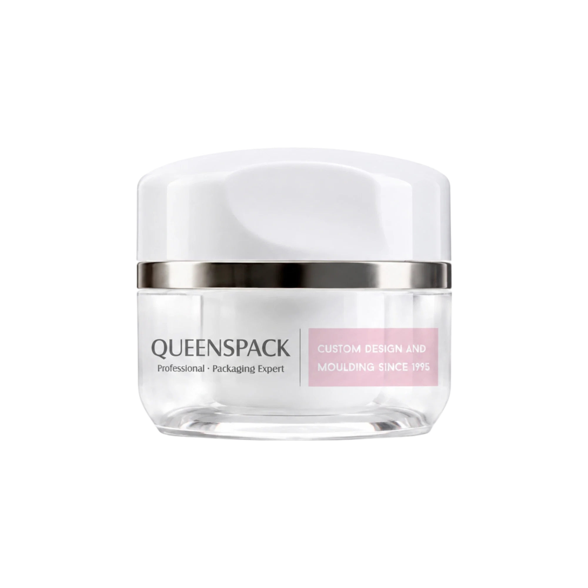 Queens Packaging Co., ltd.  1.7oz / 50ml Acrylic Double-Wall Rounded Oval Cream Jar with Metallic Accent Band, Flush ABS Closure, PP Inner Jar & Sealing Disc