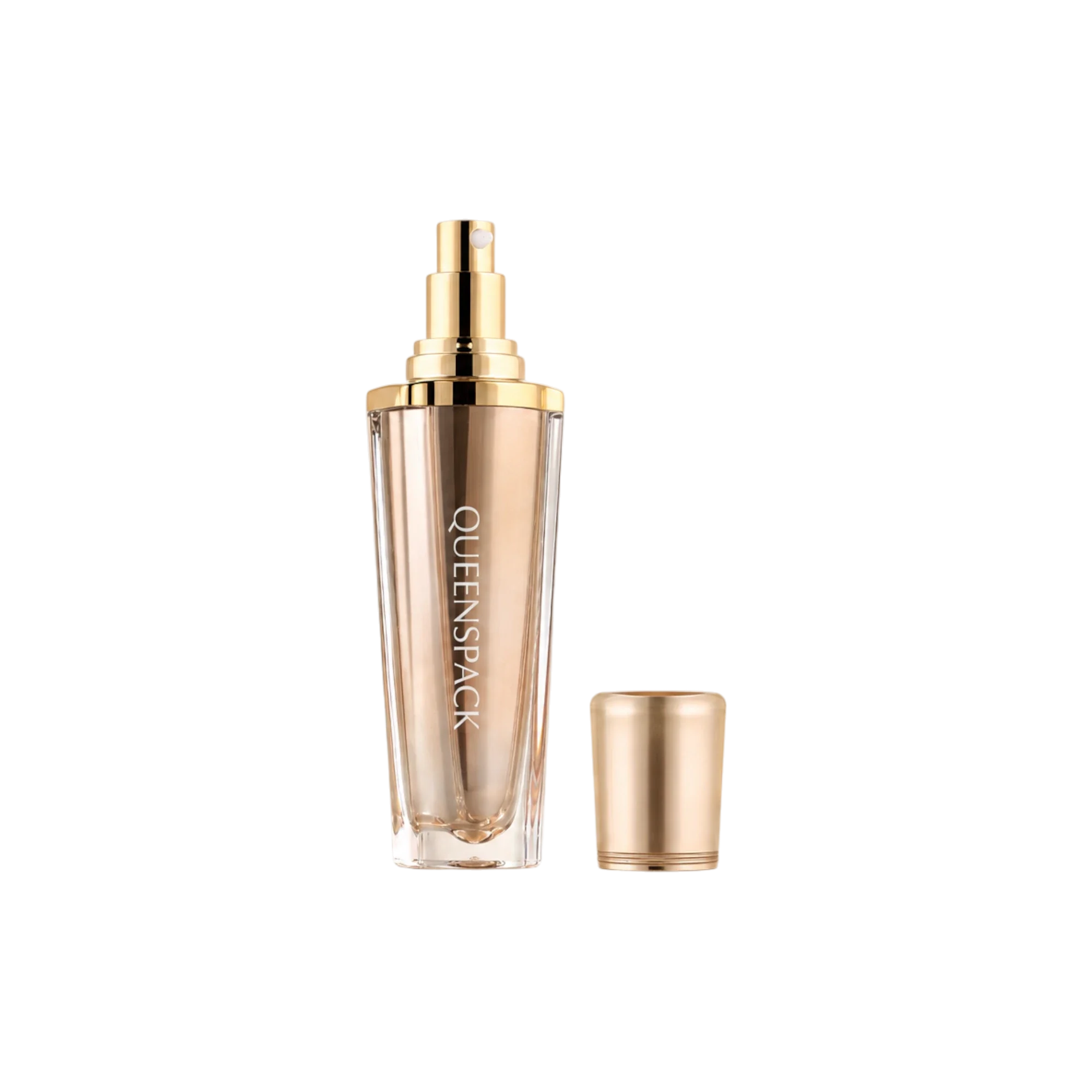 Queens Packaging Co., ltd. 2oz / 60ml Acrylic Double-Wall Tapered Pump Bottle with Acrylic Overcap, Metallic Accent Band & Aluminum Pump