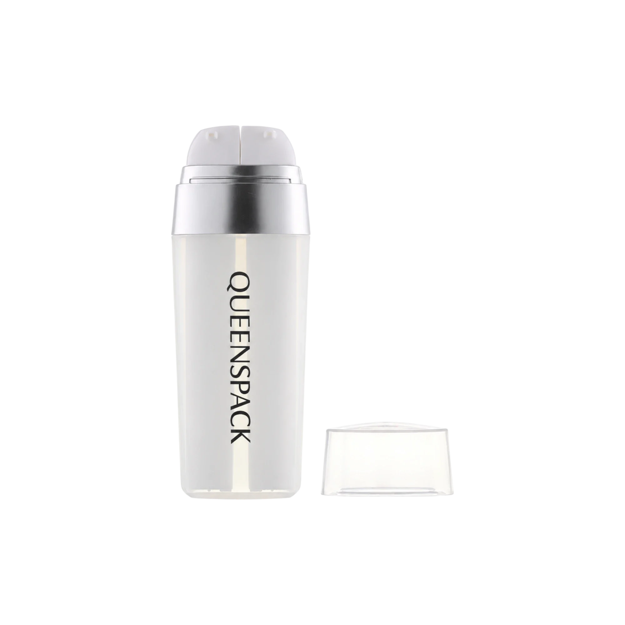 Queens Packaging Co., ltd. 2x7.5ml / 0.25oz PP Oval Dual-Chamber Airless Pump Bottle with Clear Overcap, Metallized Shoulder & Independent PP Pumps, 0.2cc Dosage
