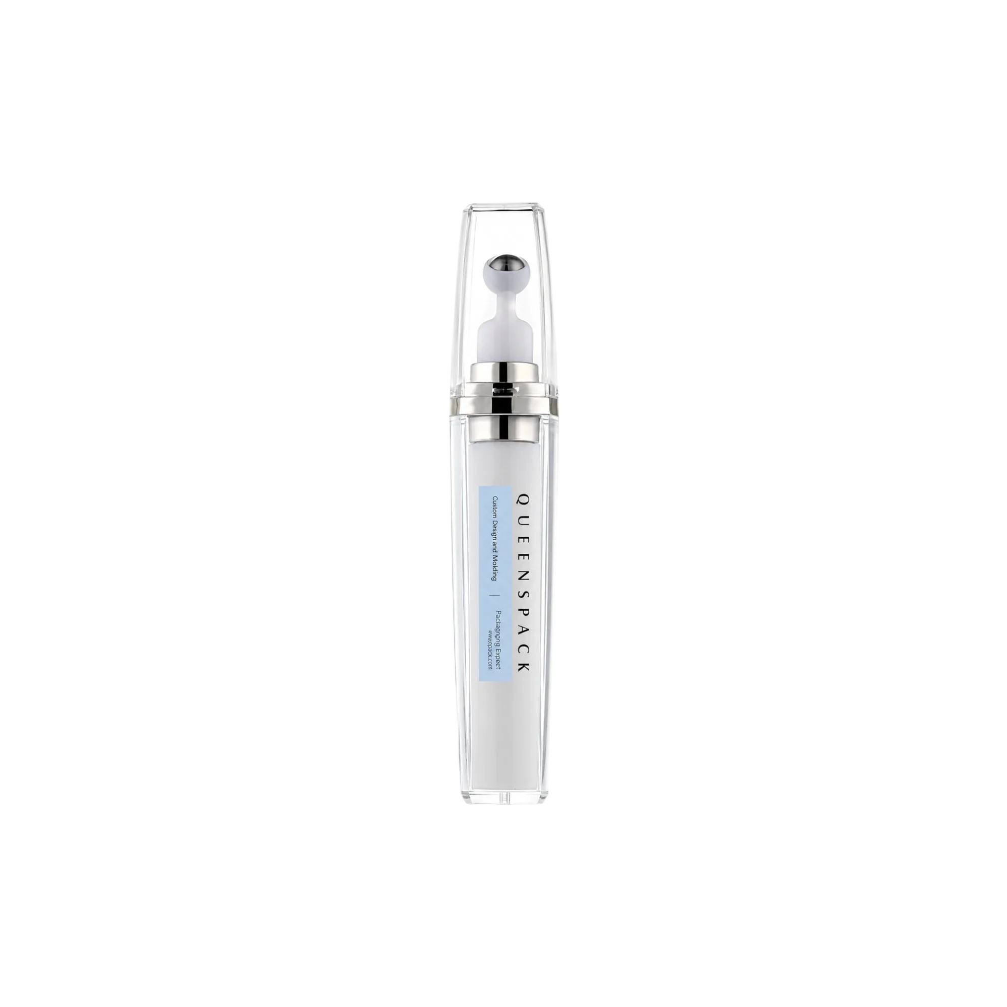 Queens Packaging Co., ltd. 0.51oz / 15ml AS Slim Tapered Airless Pump Bottle with Roll-On Applicator & Clear Overcap, 0.15cc Dosage