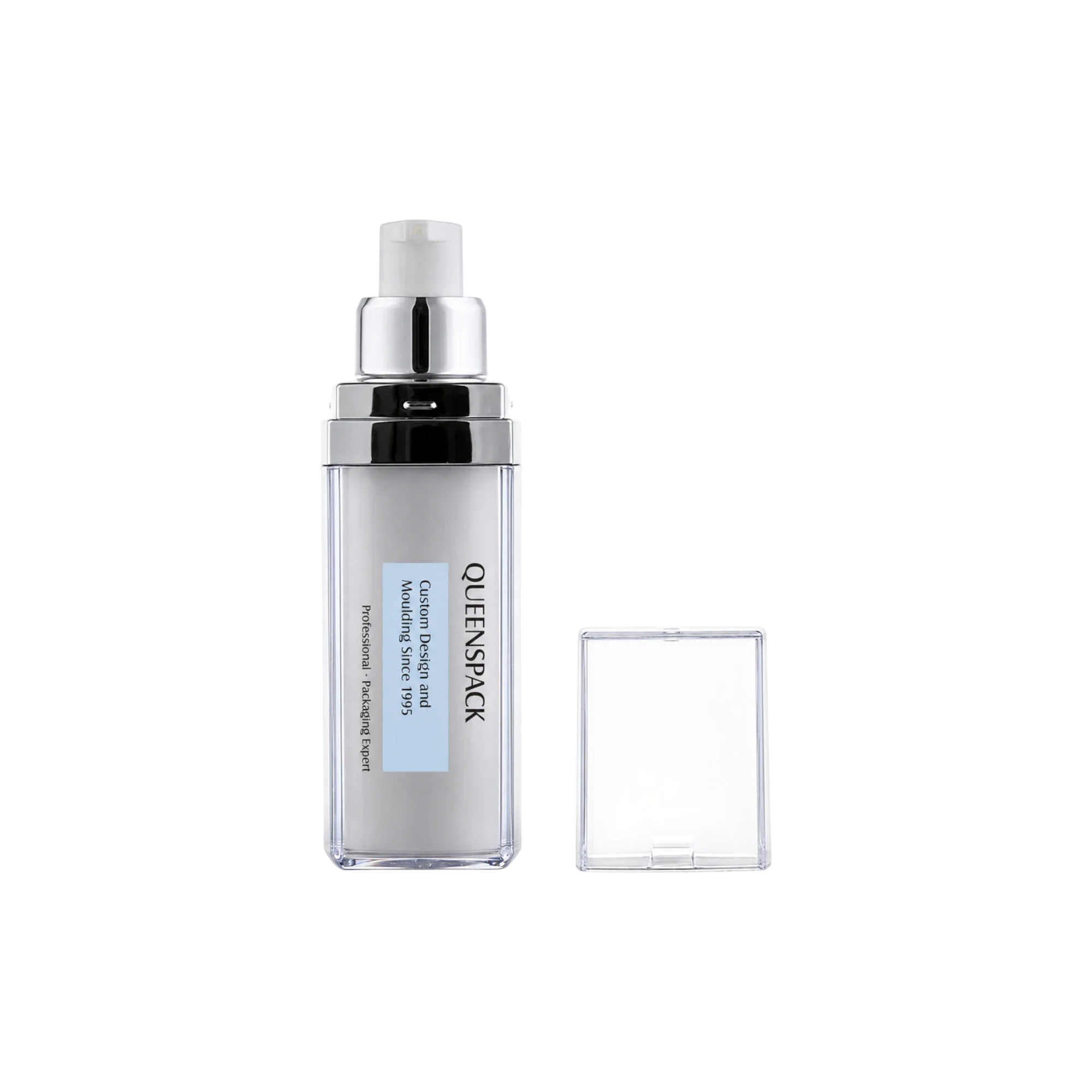 Queens Packaging Co., ltd.  1.7oz / 50ml AS Cylinder Airless Pump Bottle with Clear AS Overcap & PP Pump with Metallized Collar, 0.2cc Dosage