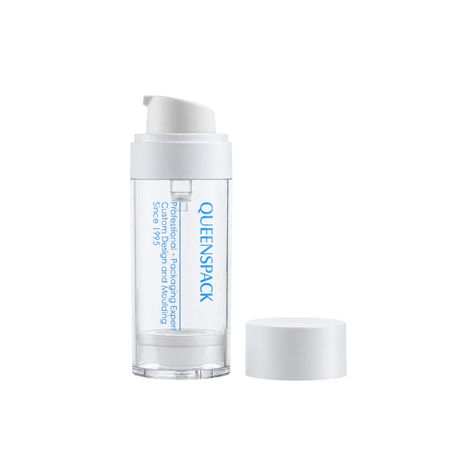 Queens Packaging Co., ltd. 1oz / 30ml PET Cylinder Double-Wall Airless Pump Bottle with MS Overcap, PP Inner Bottle & PP Pump, 0.23cc Dosage