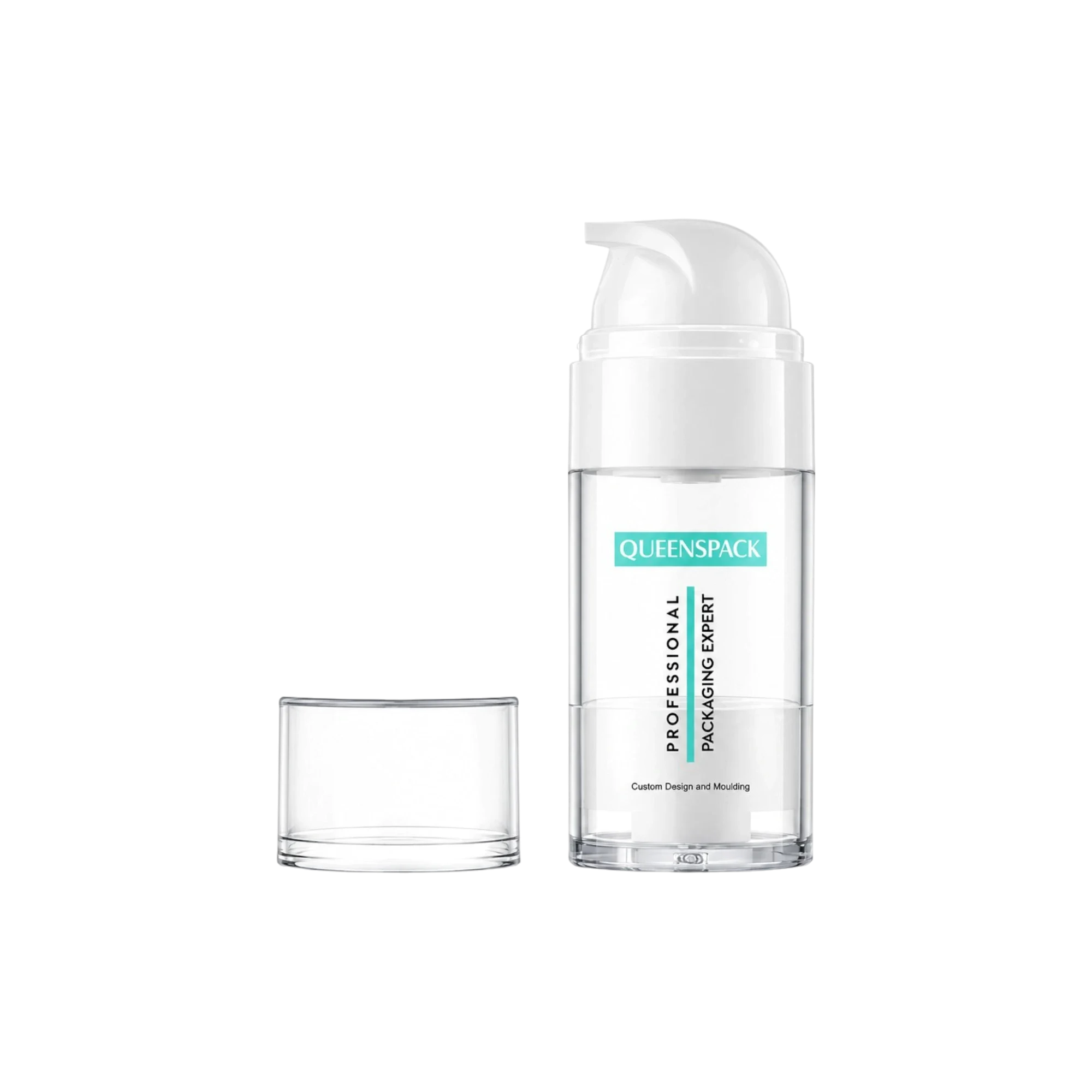 Queens Packaging Co., ltd.  1.7oz / 50ml PET Cylinder Airless Pump Bottle with Clear Overcap, 0.5cc Dosage