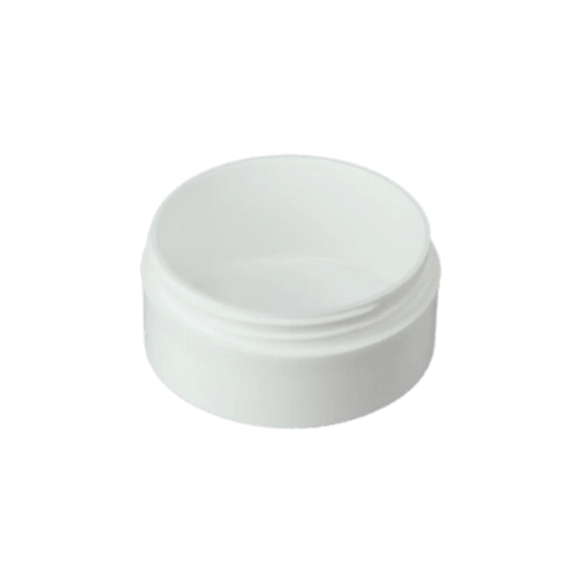 The image shows a Mold-Rite Plastics 2.0oz PP Jar. The jar is a small, cylindrical container made of clear plastic, with a smooth surface and a screw-on lid. The transparency of the jar allows the contents inside to be visible, making it ideal for holding various products like creams, gels, or other substances. The lid appears to be securely attached, ensuring the jar's contents are sealed properly.