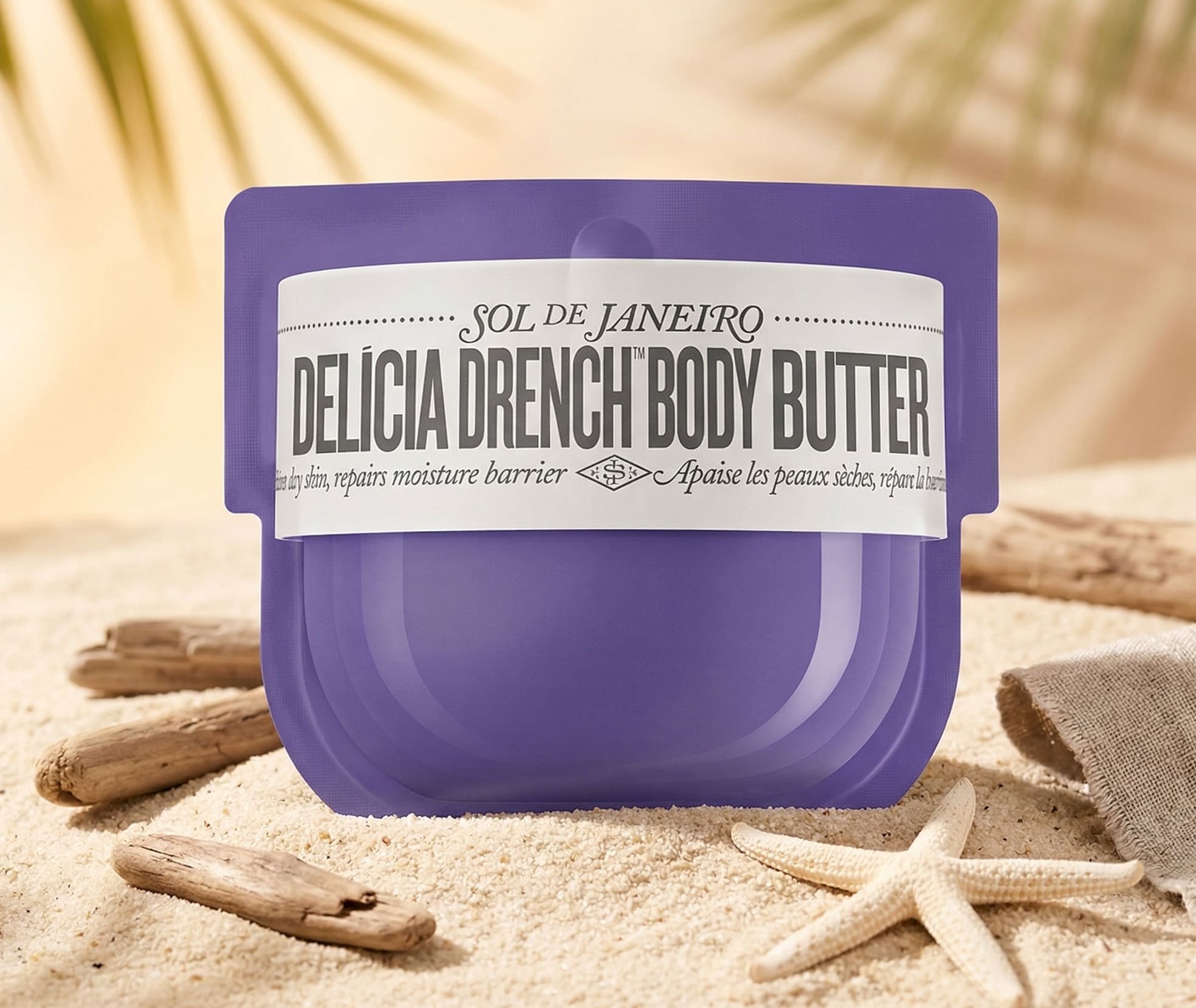 Sol de Janeiro custom die-cut sachet packaging showing brand-shaped sample packaging design