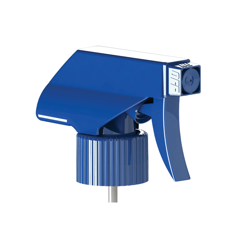 The image shows the APG Packaging Mixed Material Sprayer 28-410. The sprayer features a white plastic trigger and nozzle attached to a cylindrical, transparent body. The nozzle has a distinct ergonomic design, and the trigger appears easy to grip. The sprayer body is clear, allowing the contents to be visible. The overall design is sleek and functional, suitable for various liquid dispensing needs.