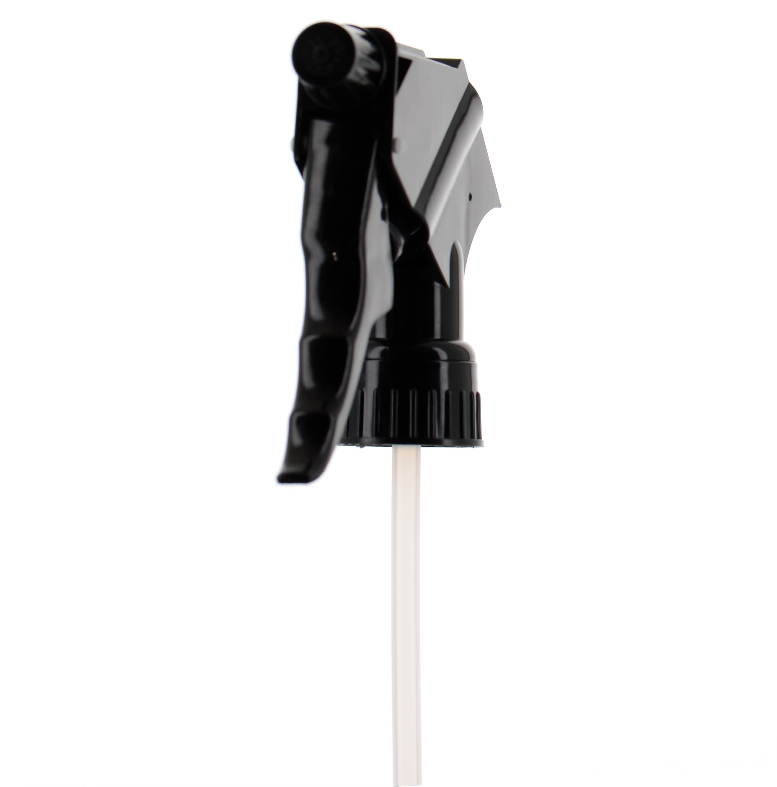 The image depicts the APG Packaging Mixed Material Sprayer 28-0-410-0. The sprayer features a sleek, cylindrical design with a smooth surface. It has a pump mechanism with a nozzle at the top, which is attached to a clear, transparent bottle. The sprayer is designed for dispensing liquids and appears to be made from a combination of materials, including plastic. The nozzle and pump are colored white, contrasting with the clear bottle.