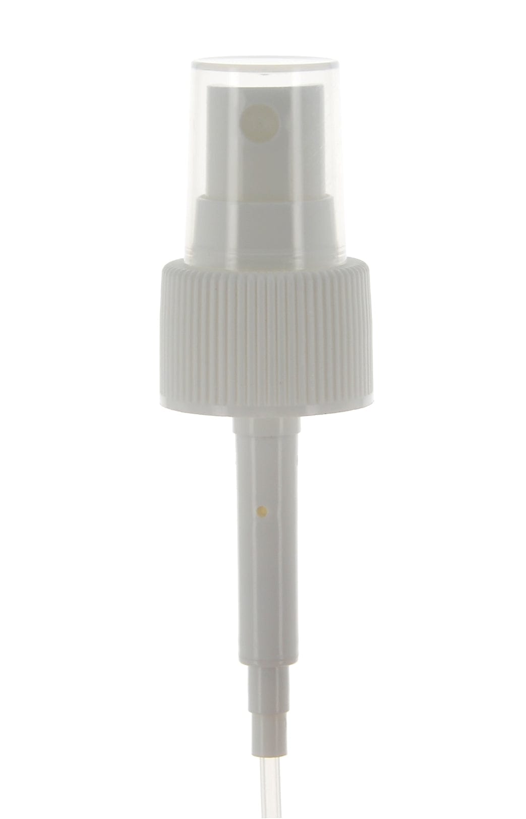 The image shows the APG Packaging Mixed Material Sprayer 24-410 (APG-601A-UD). The sprayer features a cylindrical, white plastic body with a smooth texture. It has a white, ribbed screw-on cap at the top with a central nozzle for spraying. The nozzle is designed with a small, circular opening. The product appears to be simple and functional, suitable for dispensing various liquid products.
