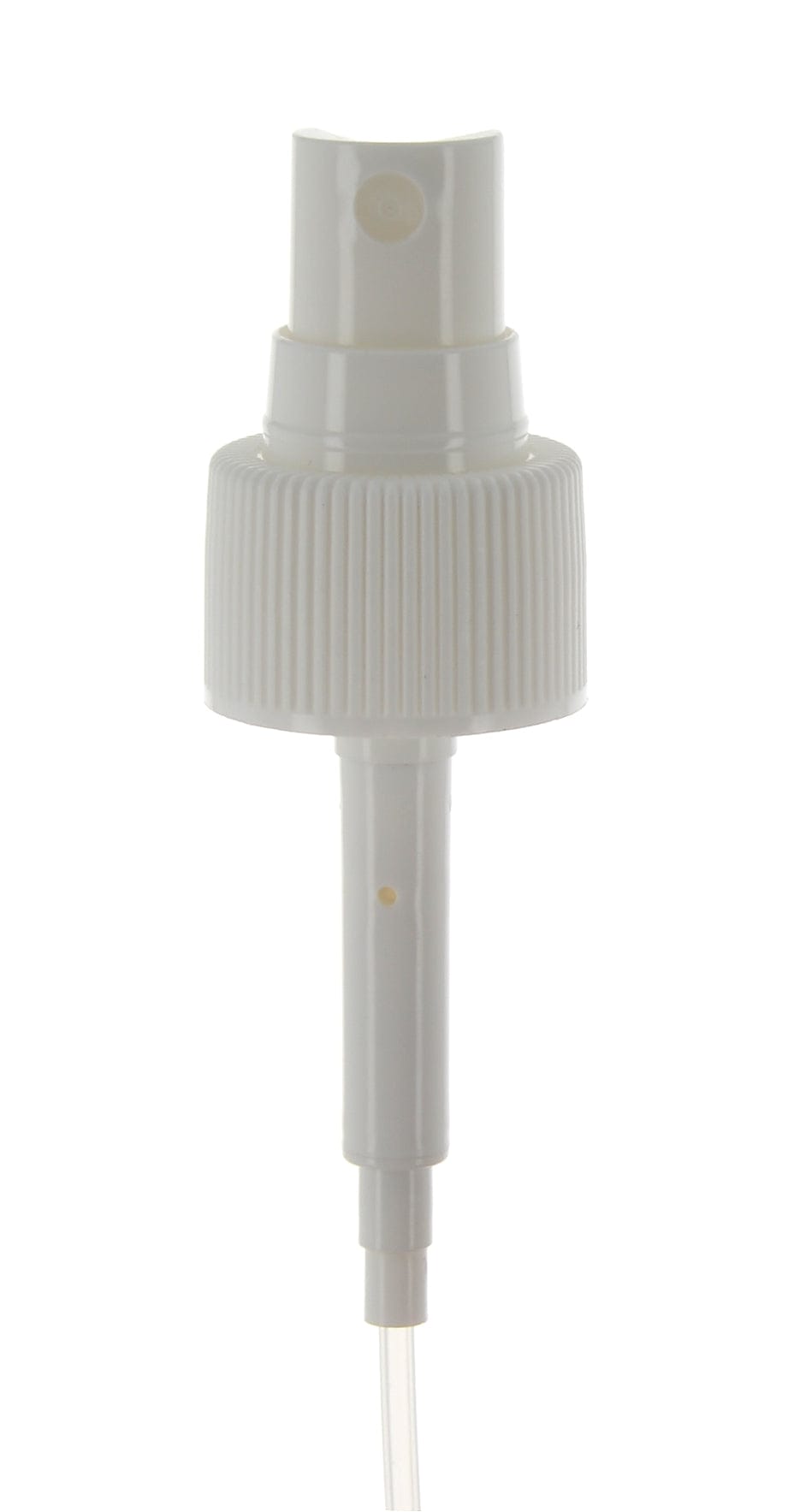 The image features the APG Packaging Mixed Material Sprayer 24-410 APG-601A-UD. The sprayer is white with a sleek, ergonomic design. It has a ribbed collar for better grip and a smooth, curved actuator for easy dispensing. The nozzle is designed for efficient spray distribution. The overall appearance is clean and modern, suitable for a variety of liquid dispensing needs.