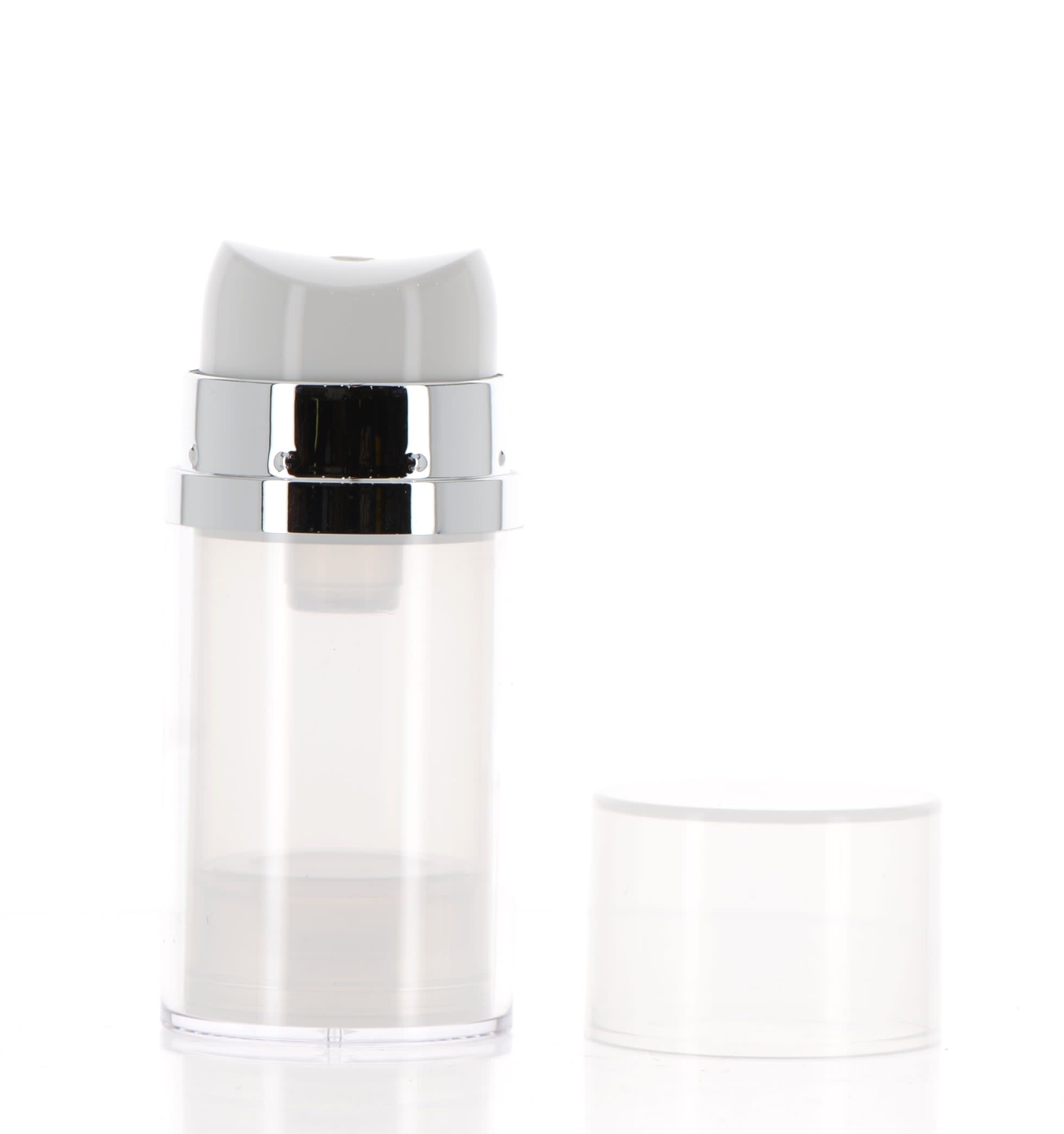 The image shows the APG Packaging 1.7oz Mixed Material Airless Bottle (APG-111B-50-1.1-CL). The bottle is cylindrical with a clear outer casing, allowing the inner components to be visible. It features a sleek, modern design with a transparent body and a white dispensing pump on top. The pump has a shiny silver collar which adds a touch of elegance to the overall appearance. The bottle is standing upright against a plain white background.