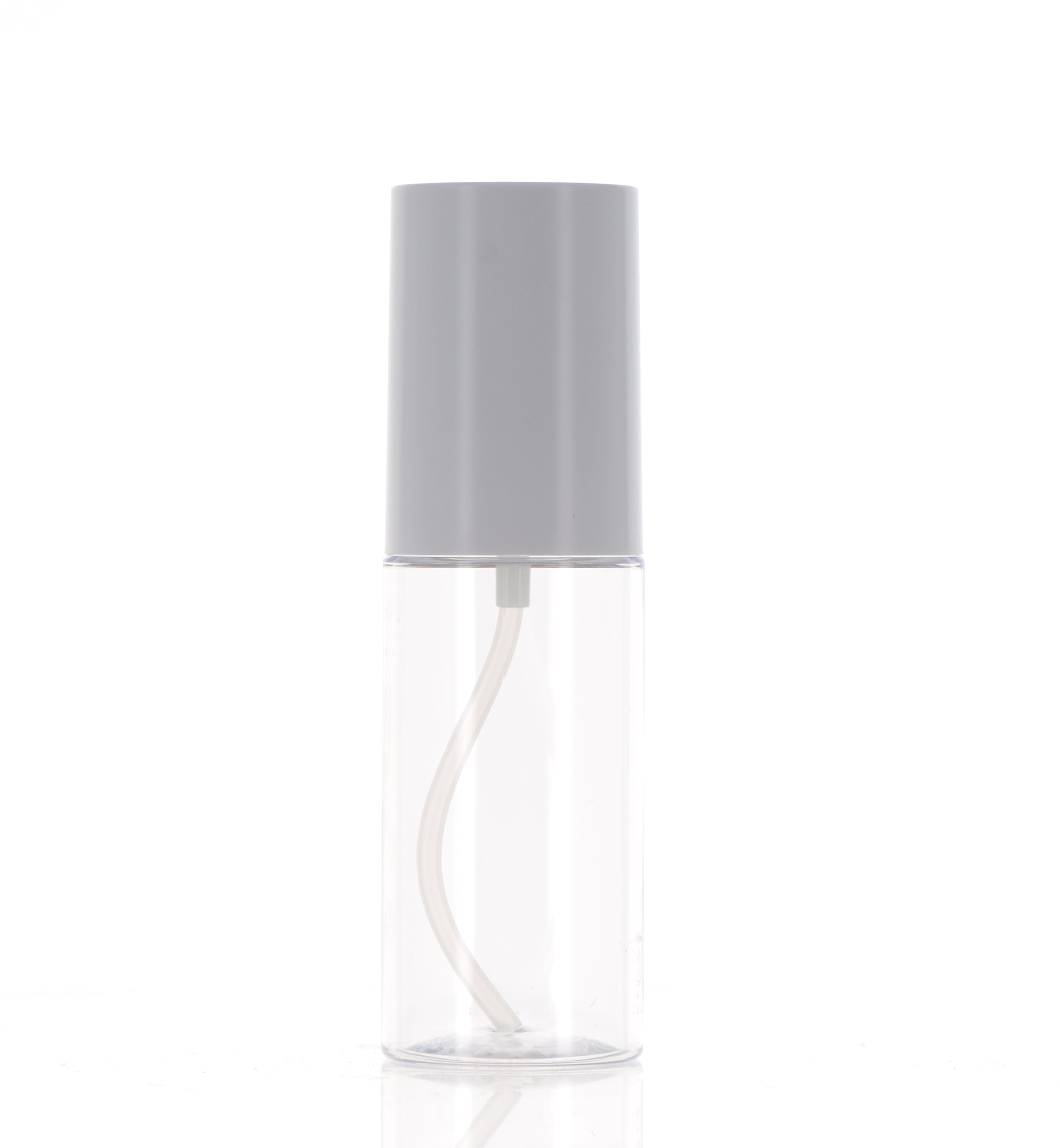 The image features the APG Packaging 2.7oz PET Bottle. The bottle is clear, allowing visibility of its contents, and has a sleek, cylindrical shape. The top of the bottle is fitted with a smooth, white screw cap. The overall design is minimalistic and functional, suitable for various liquid products.