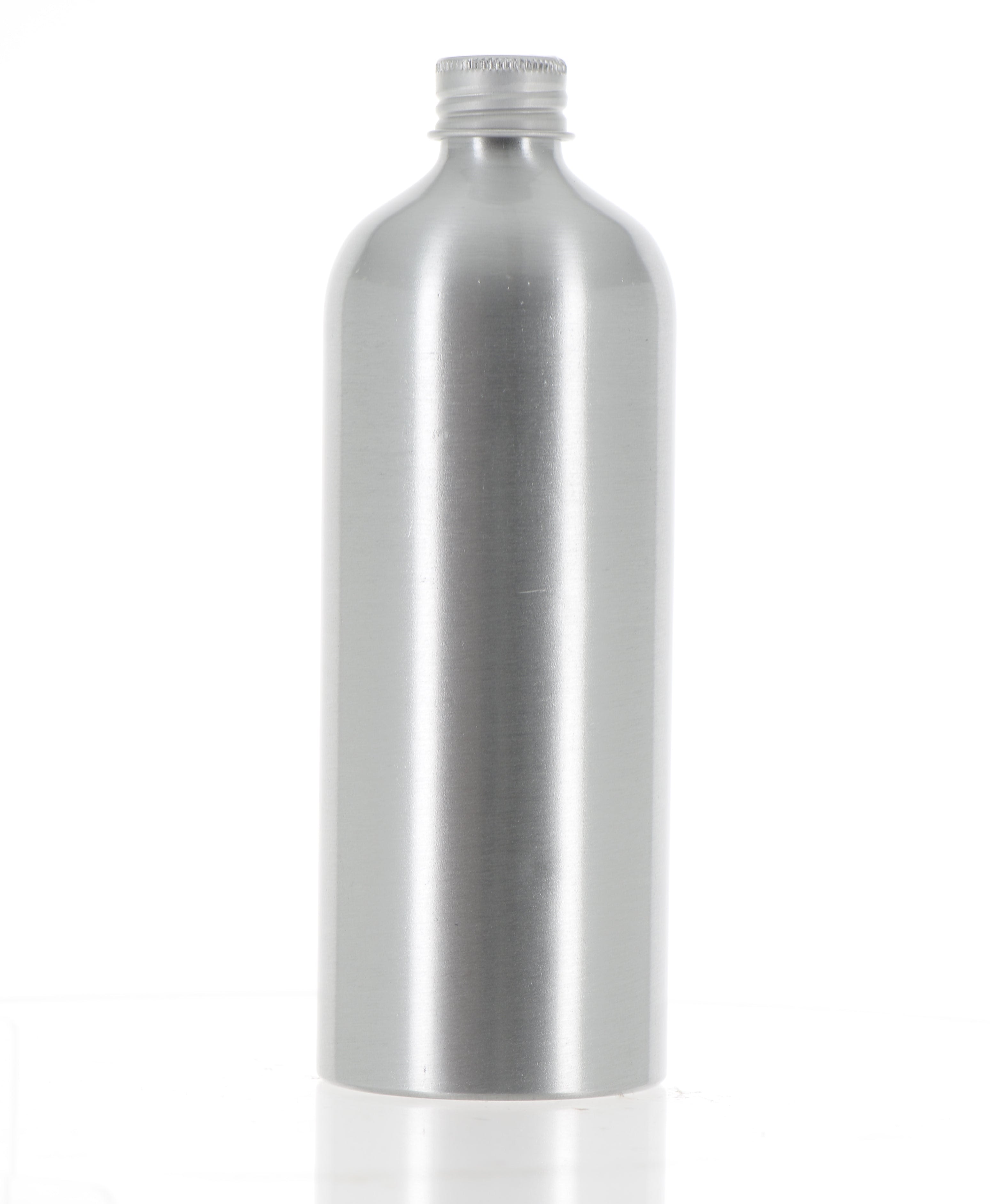 The image shows the APG Packaging 16.9oz Aluminum Bottle (APG-AB66190). The bottle is cylindrical with a sleek, metallic silver finish. It has a smooth surface and a screw-on cap that matches the body of the bottle. The cap is slightly domed and appears to be made of the same aluminum material as the bottle. There are no labels, text, or additional markings visible on the bottle. The overall design is minimalist and modern.
