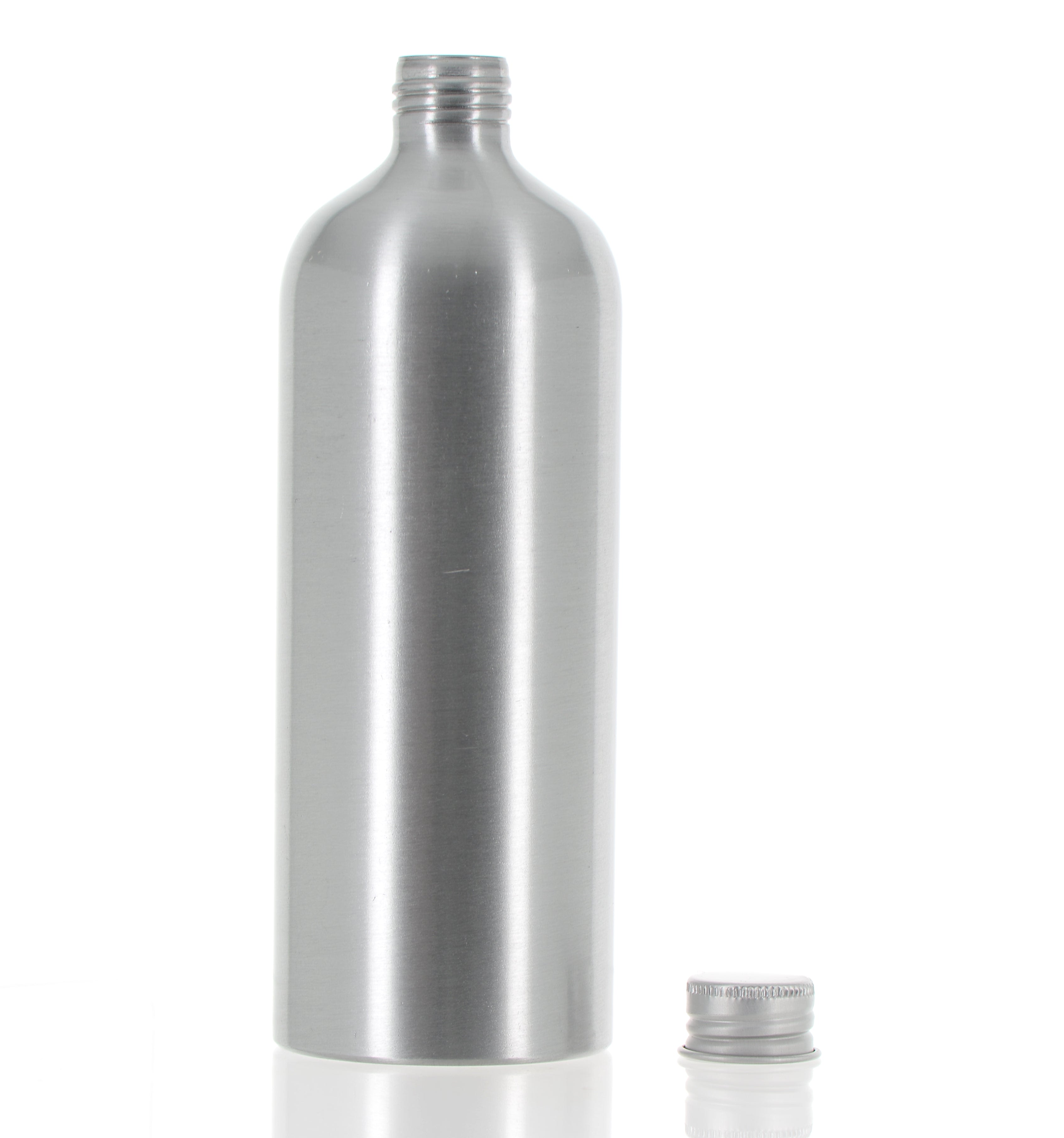 The image shows the APG Packaging 16.9oz Aluminum Bottle, model APG-AB66190. It is a sleek, cylindrical aluminum bottle with a brushed metal finish. The bottle has a smooth, seamless design and is topped with a screw-on cap, also made of aluminum. The cap has a slight ridge for easy gripping. The bottle is empty and stands upright against a plain, white background.