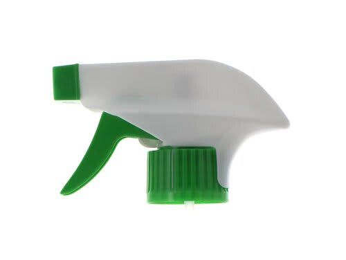 The image features the APG Packaging Mixed Material Sprayer 28-400 (APG-2112-28-R). The sprayer is primarily white with a smooth, cylindrical nozzle and a ribbed trigger for easy grip. The body of the sprayer is designed to fit onto a bottle with a 28-400 neck finish. The nozzle tip appears to be adjustable, allowing for different spray patterns. The overall design is sleek and functional, suitable for various liquid dispensing needs.