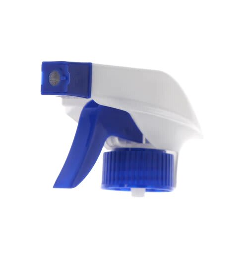 The image features the APG Packaging Mixed Material Sprayer 28-0-400-0. The sprayer has a white body with a light blue trigger and nozzle. The trigger is ergonomically designed for easy use, and the nozzle appears to be adjustable. The sprayer also has a dip tube extending from the bottom, indicating it is designed for use with a bottle. The overall design is clean and functional.