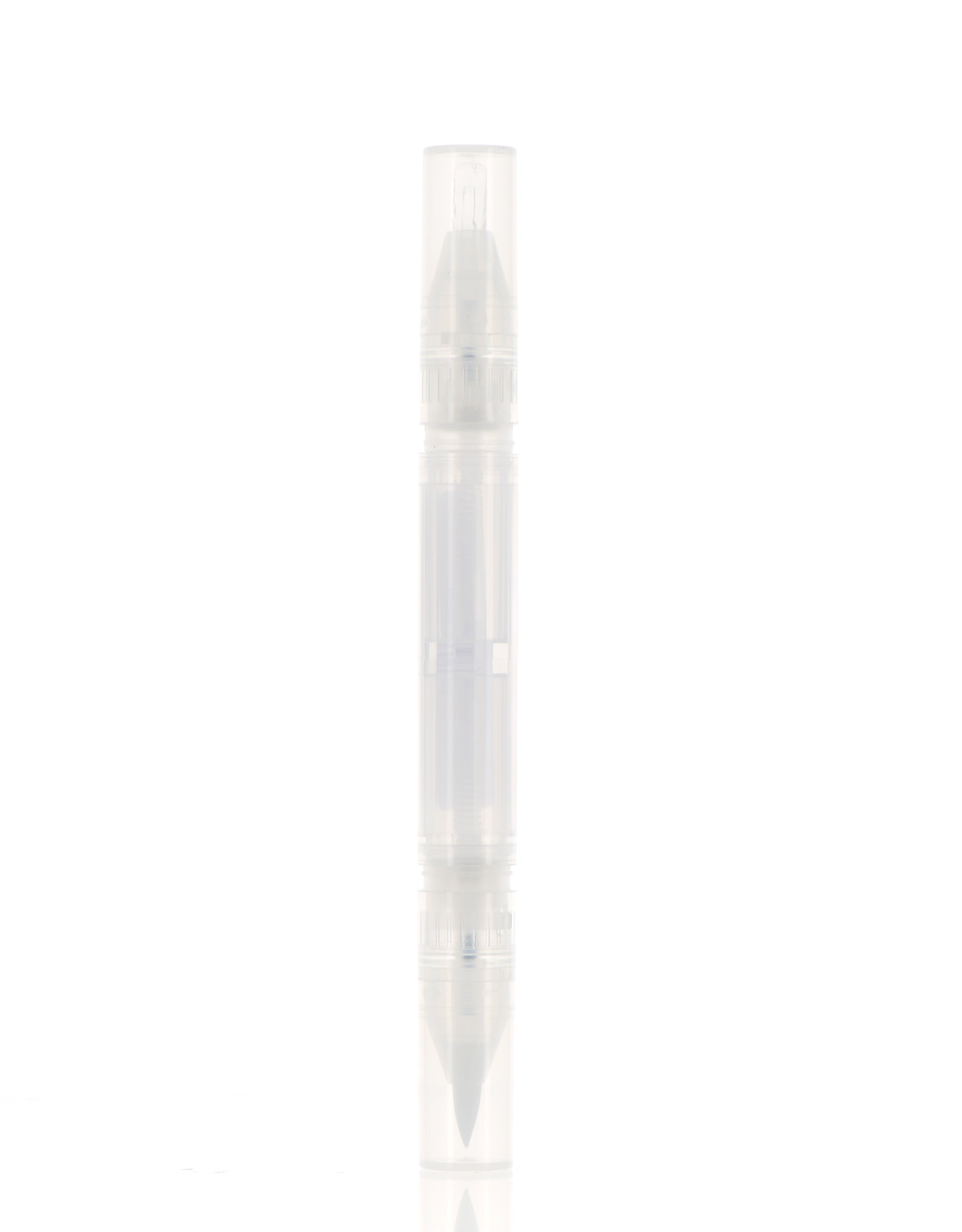 The image shows a sleek, cylindrical lip gloss tube with a transparent body, revealing its contents, and a shiny, metallic silver cap. The product is the APG Packaging 0.2oz Mixed Material Lip Gloss Tube. The overall design is modern and minimalist, highlighting the product inside.