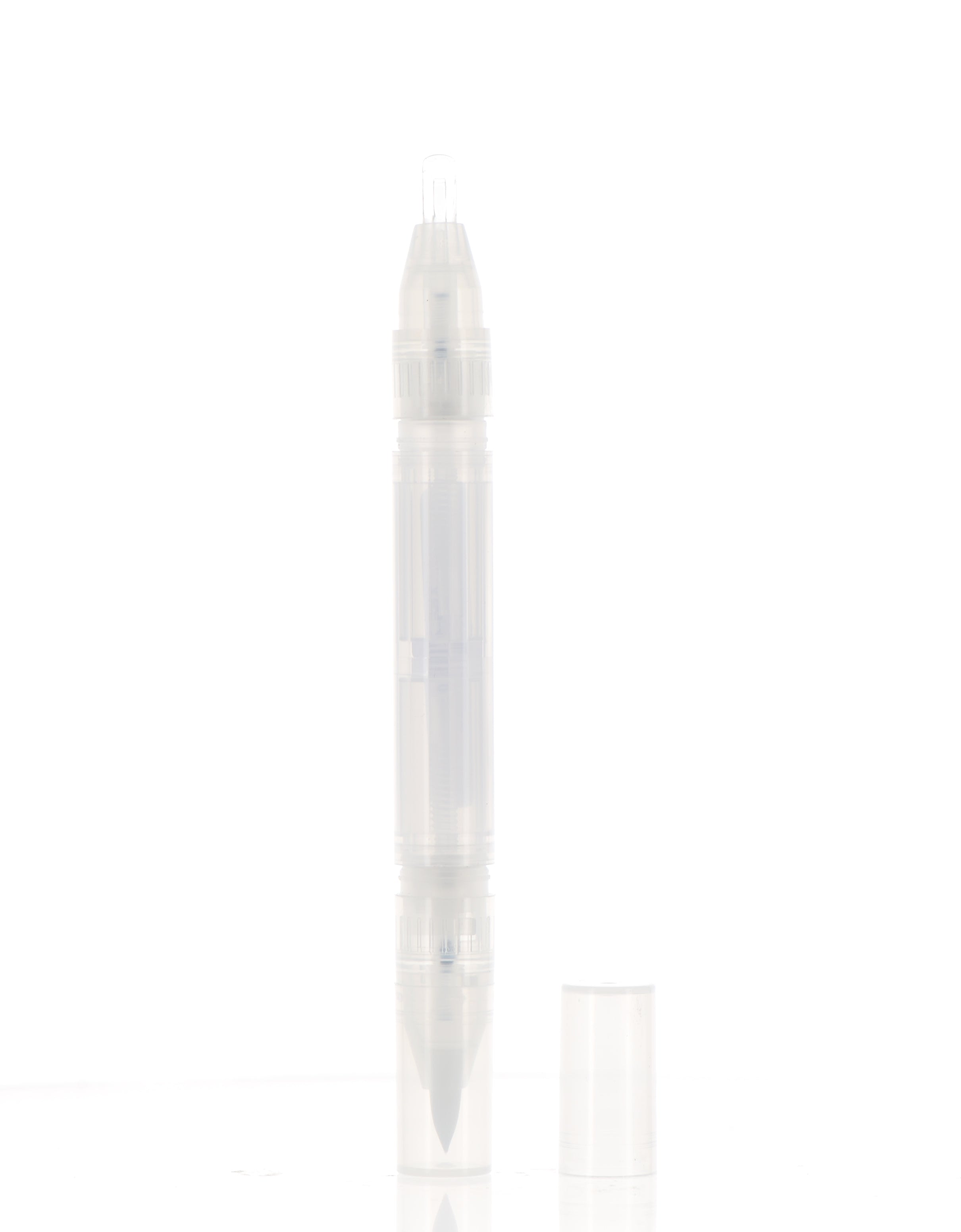 The image shows the APG Packaging 0.2oz Mixed Material Lip Gloss Tube. The tube has a clear cylindrical body that allows the lip gloss inside to be visible. It is topped with a sleek, shiny, metallic cap. The applicator wand is attached to the inside of the cap, designed for easy and precise application of the lip gloss. The overall design is modern and elegant, making it a visually appealing cosmetic product.