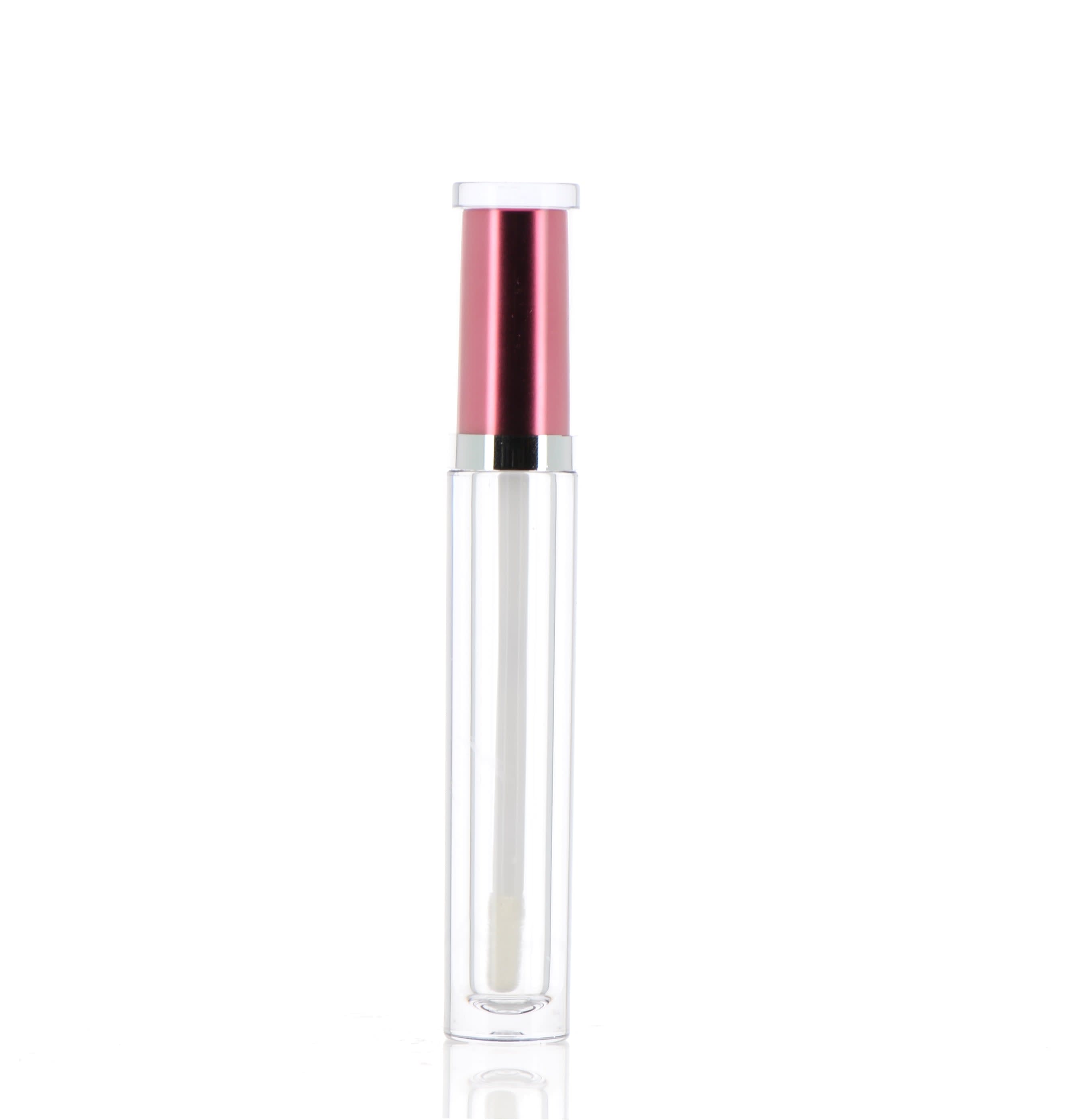 The image shows the APG Packaging 0.3oz Mixed Material Lip Gloss Tube (APG-420245). The lip gloss tube features a transparent cylindrical body allowing the product inside to be visible. The cap is metallic with a shiny, reflective surface and is equipped with an applicator wand. The overall design is sleek and modern, suitable for cosmetic use.