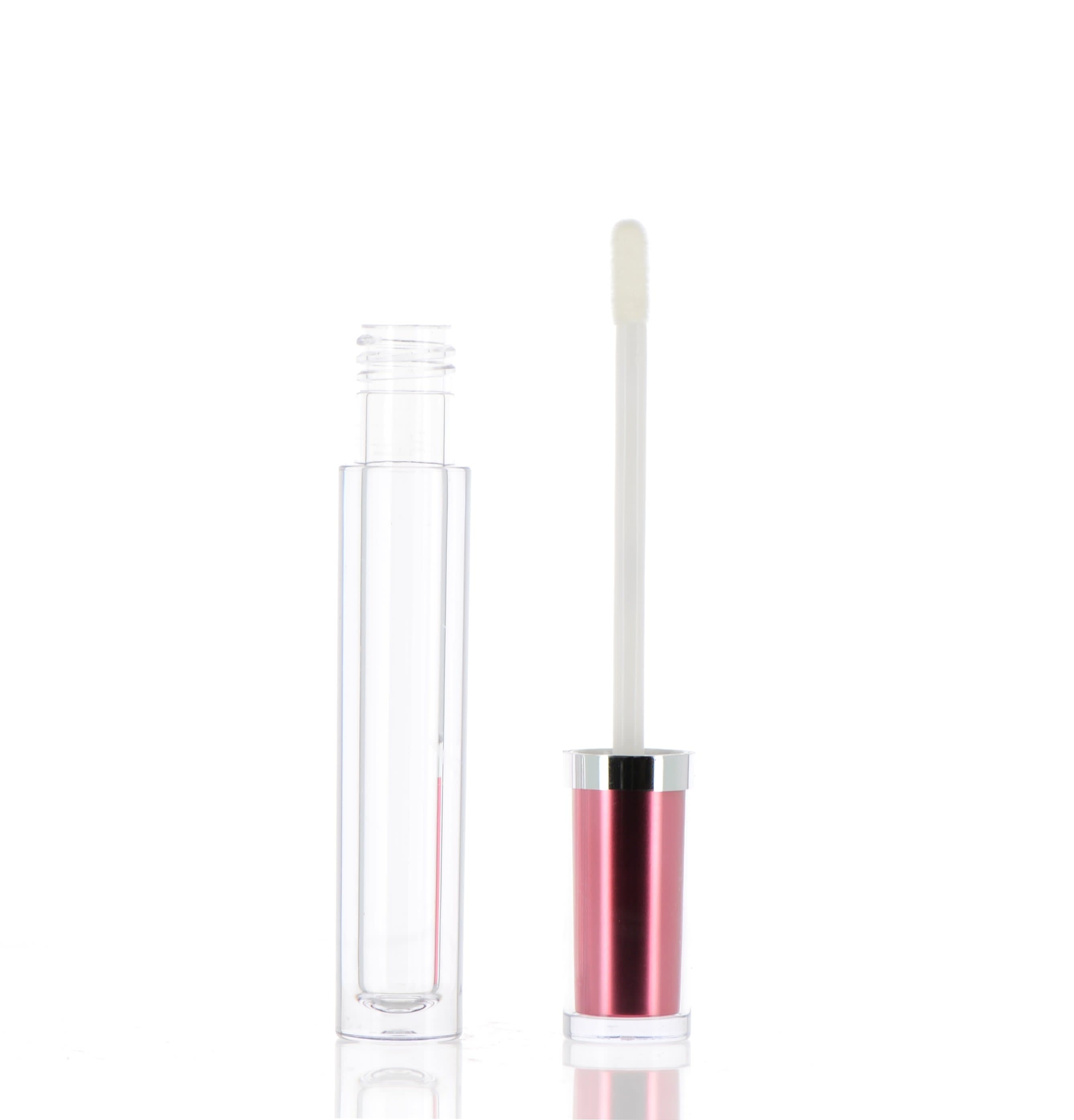 The image displays the APG Packaging 0.3oz Mixed Material Lip Gloss Tube. The tube is cylindrical with a clear body allowing the lip gloss inside to be visible. It has a sleek, shiny silver cap that contrasts with the transparent body. The applicator wand is visible through the clear tube, and it appears to have a standard doe-foot applicator tip. The overall design is modern and functional, suitable for cosmetic use.