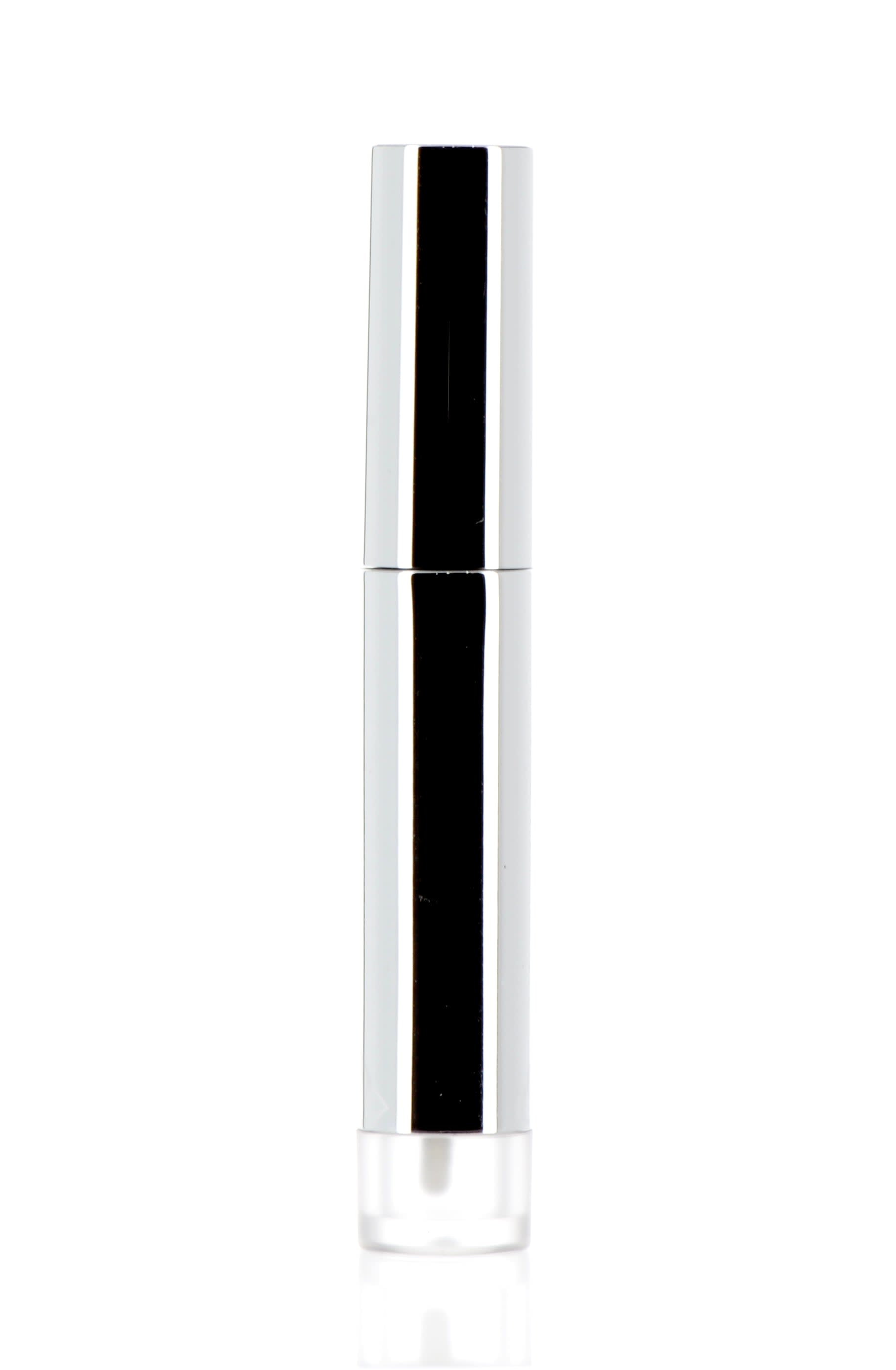 The image features the APG Packaging 0.2oz Mixed Material Lip Gloss Tube (APG-4084B). The tube is transparent, allowing the contents to be visible, and it has a sleek, cylindrical shape. The cap is metallic and reflective, with a shiny silver finish. The applicator wand is attached to the underside of the cap, designed for easy application. The overall design is modern and elegant, suitable for high-end cosmetic products.