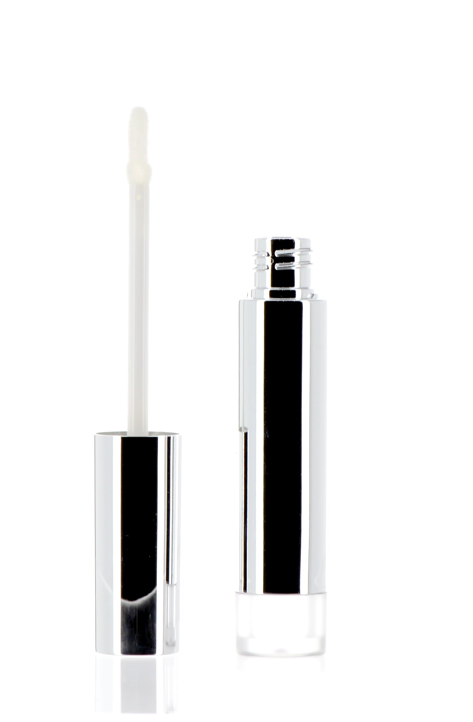 The image shows the APG Packaging 0.2oz Mixed Material Lip Gloss Tube (APG-4084B). The product features a sleek and transparent cylindrical tube with a metallic cap. The transparent body allows the contents of the tube to be visible, and the cap is likely twist-off, providing a secure closure. The tube appears compact and portable, suitable for carrying lip gloss.