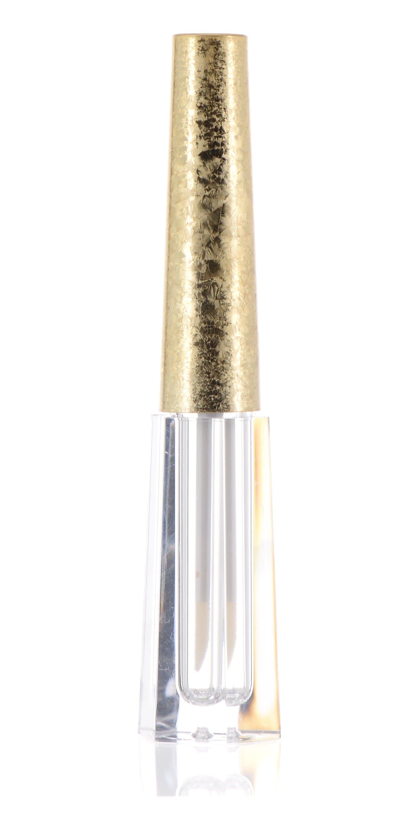 The image showcases the APG Packaging 0.1oz Mixed Material Lip Gloss Tube. The tube features a clear cylindrical body allowing visibility of the lip gloss inside. It has a sleek, shiny, metallic cap at the top, which is likely a screw-on design. The overall appearance is modern and elegant, making it suitable for cosmetic use.