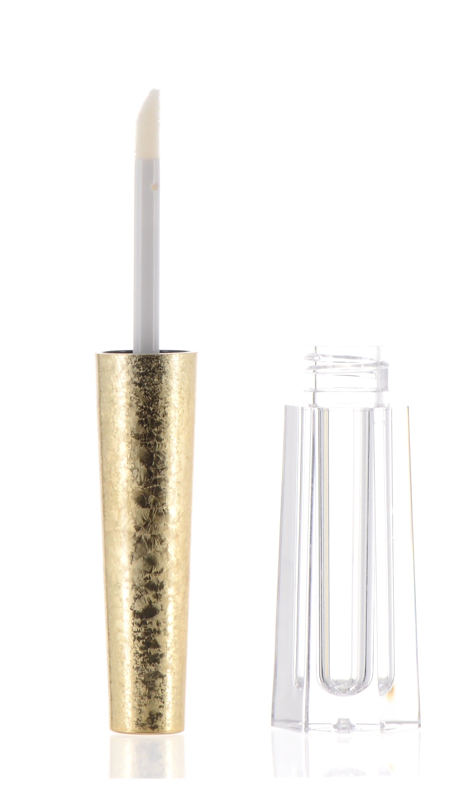 The image depicts the APG Packaging 0.1oz Mixed Material Lip Gloss Tube. The tube features a sleek, cylindrical design with a transparent body that allows the content inside to be visible. The cap is metallic and reflective, providing a modern and stylish contrast to the clear tube. The applicator wand is attached to the inside of the cap and is partially visible through the transparent tube. The overall look is elegant and functional, designed for easy application of the lip gloss.