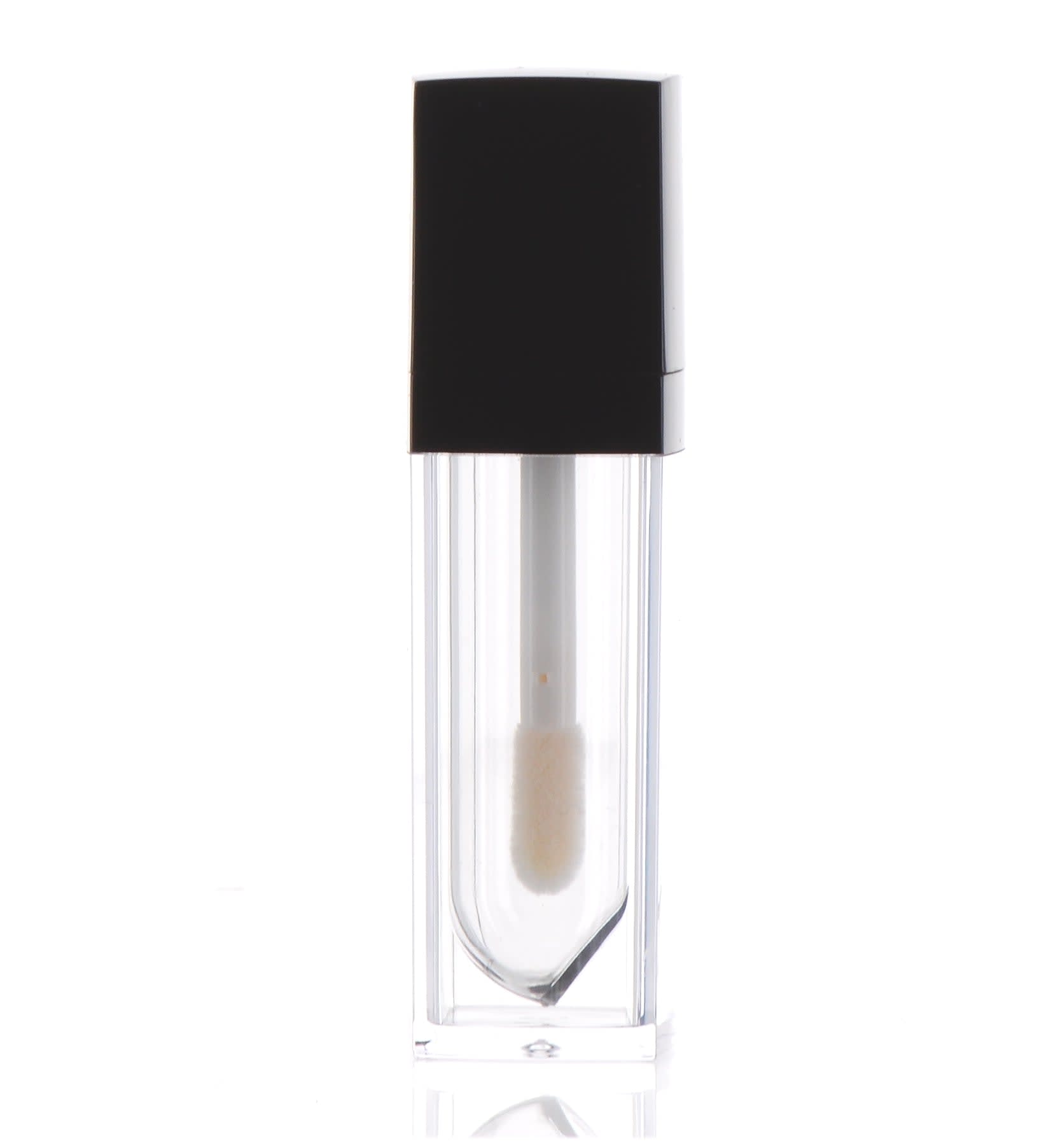 The image shows the APG Packaging 0.2oz Mixed Material Lip Gloss Tube (APG-LG415-BK). The lip gloss tube features a sleek, cylindrical design with a clear body that displays the product inside. The tube is capped with a shiny, black applicator cap. The overall look is modern and minimalist.