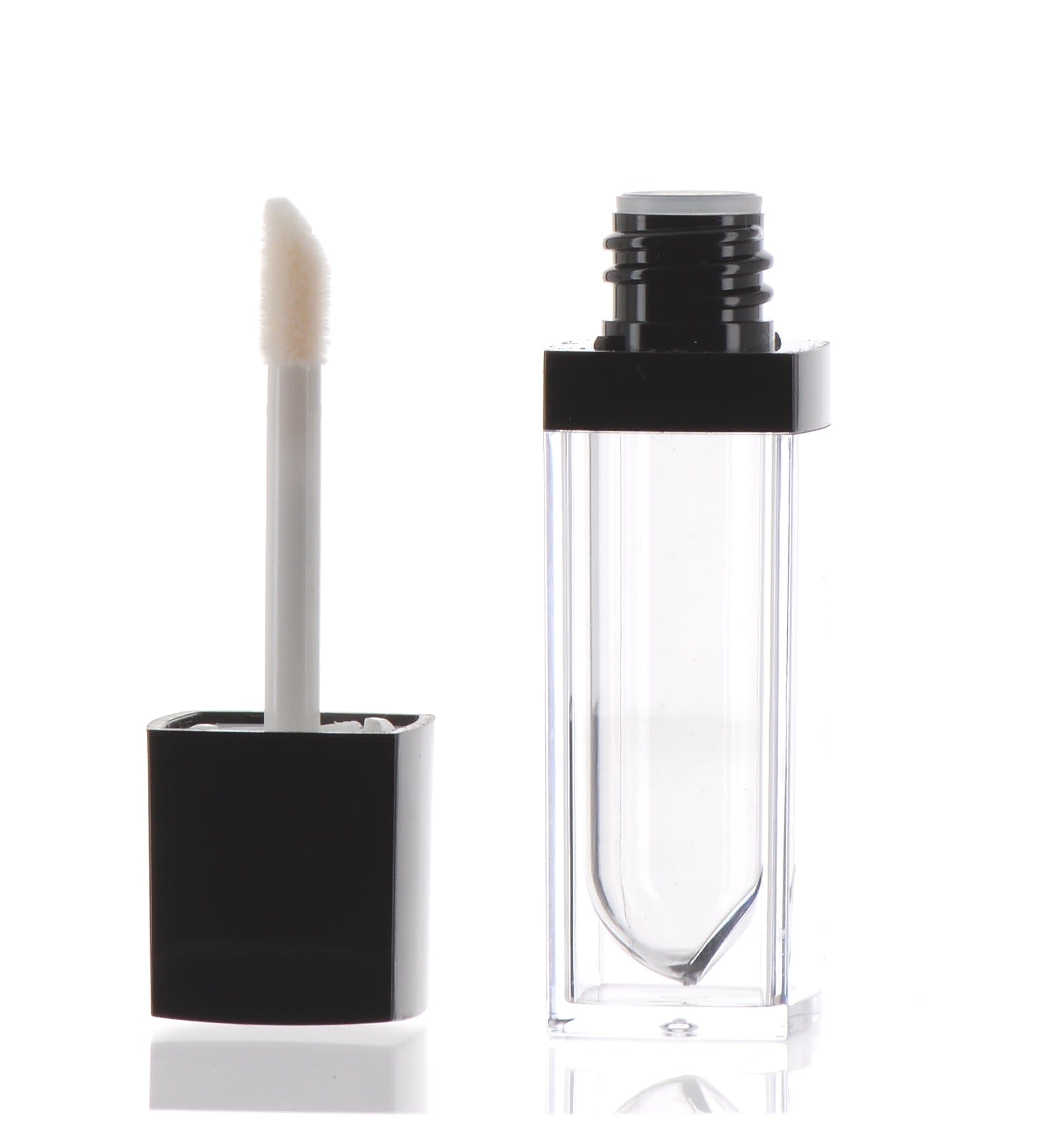 The image showcases the APG Packaging 0.2oz Mixed Material Lip Gloss Tube (APG-LG415-BK). The product features a sleek, cylindrical design with a transparent body that allows the lip gloss inside to be visible. The cap is black and has a smooth, glossy finish, providing a stylish contrast to the clear tube. The overall design is modern and elegant, suitable for showcasing cosmetic products.