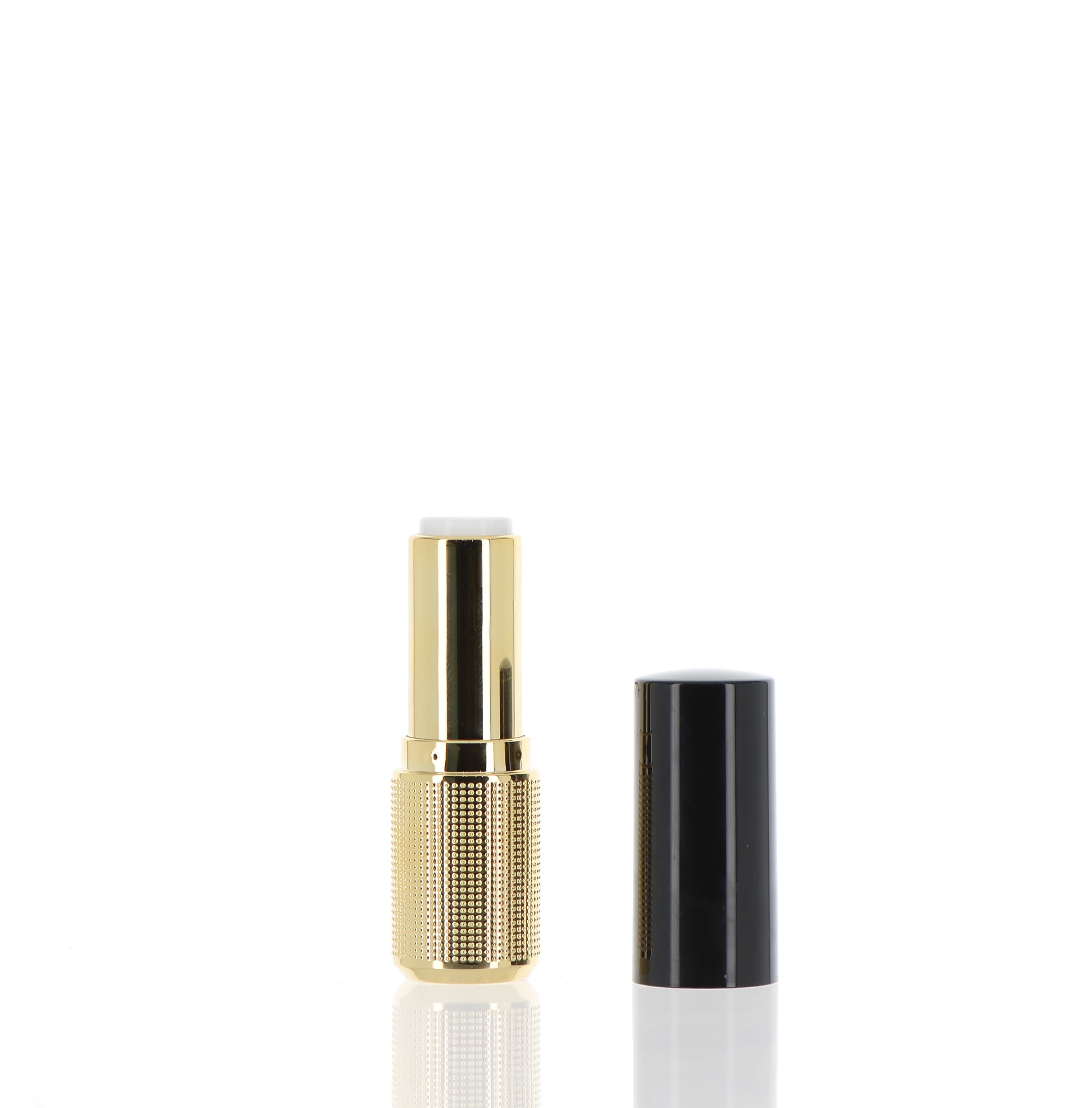 The image shows the APG Packaging 0.2oz Mixed Material Lip Stick (APG-KH8187). The lip stick features a sleek and elegant design with a metallic outer casing. The body of the lipstick tube is predominantly silver with a shiny finish, and it has a smooth cylindrical shape. The cap is also silver and fits snugly over the base. The base of the lipstick is slightly wider, providing stability when placed on a flat surface. The lipstick itself is not exposed in this image, as the focus is on the closed and intact packaging. The overall appearance is modern and sophisticated.