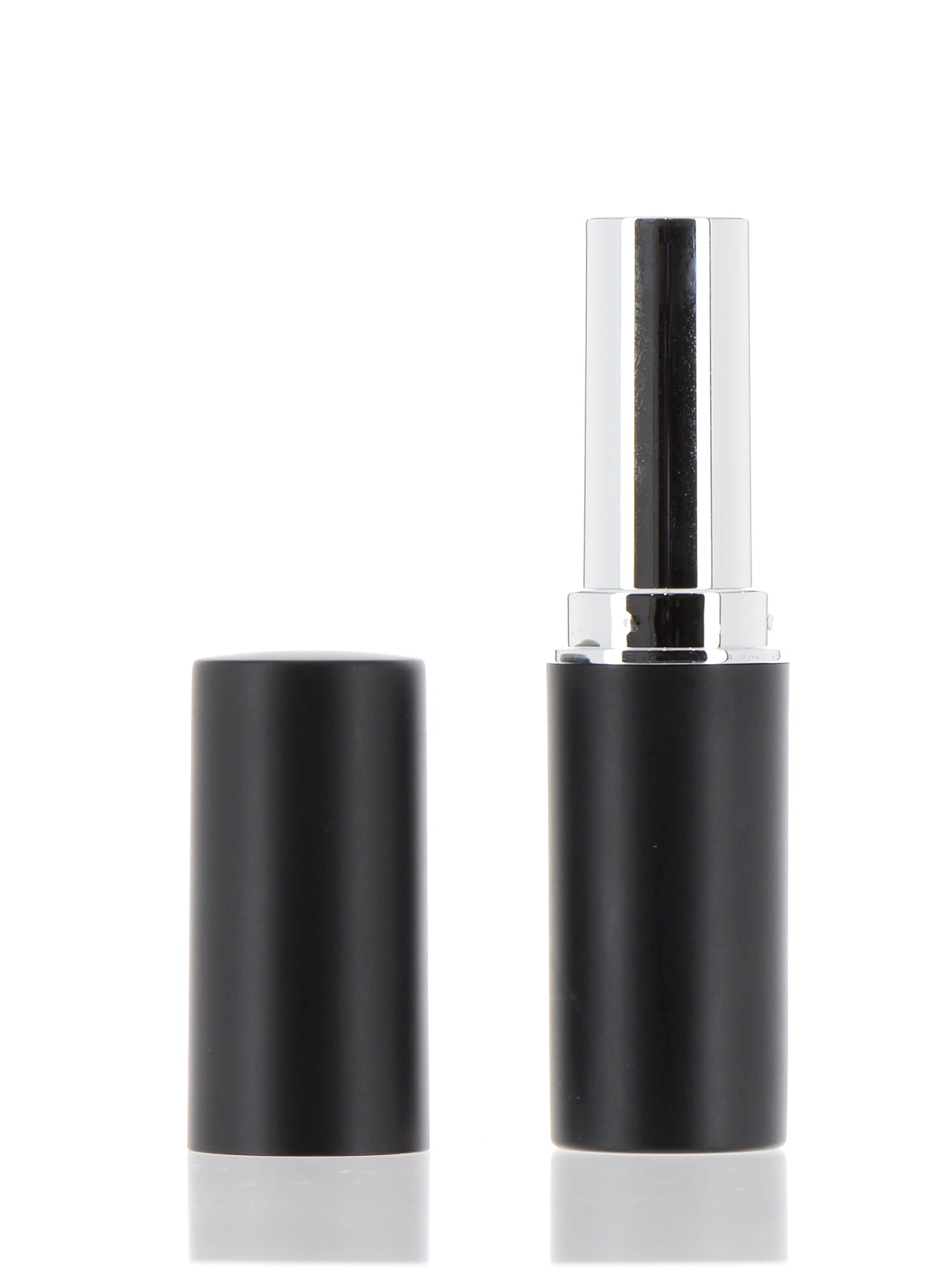 The image depicts the APG Packaging 0.2oz ABS Skin Stick (APG-M2259-BS). The product is a small, cylindrical container designed for holding skin care or cosmetic products. It has a sleek, glossy black exterior with a smooth surface. The container features a twist-up mechanism that is typically used for stick-based products like lip balm or deodorant. The cap is also black and fits snugly over the top, giving the product a compact and modern appearance.