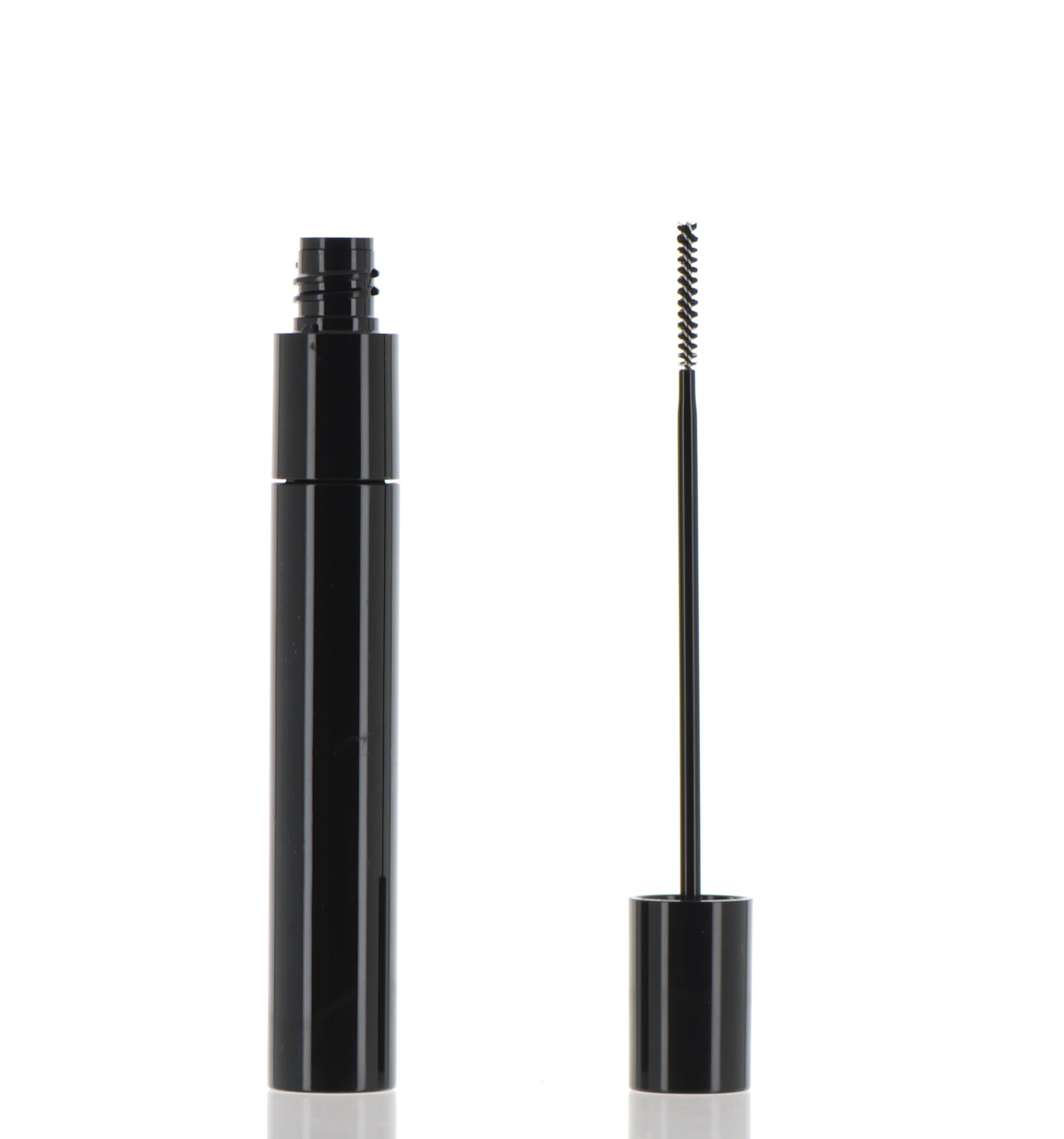 The image shows the APG Packaging Mixed Material Mascara Tube (APG-430050). The mascara tube features a sleek, cylindrical design. The cap is metallic and reflective, while the body of the tube is a matte black, creating a stylish contrast. The overall appearance is modern and elegant, suitable for a high-end cosmetic product.