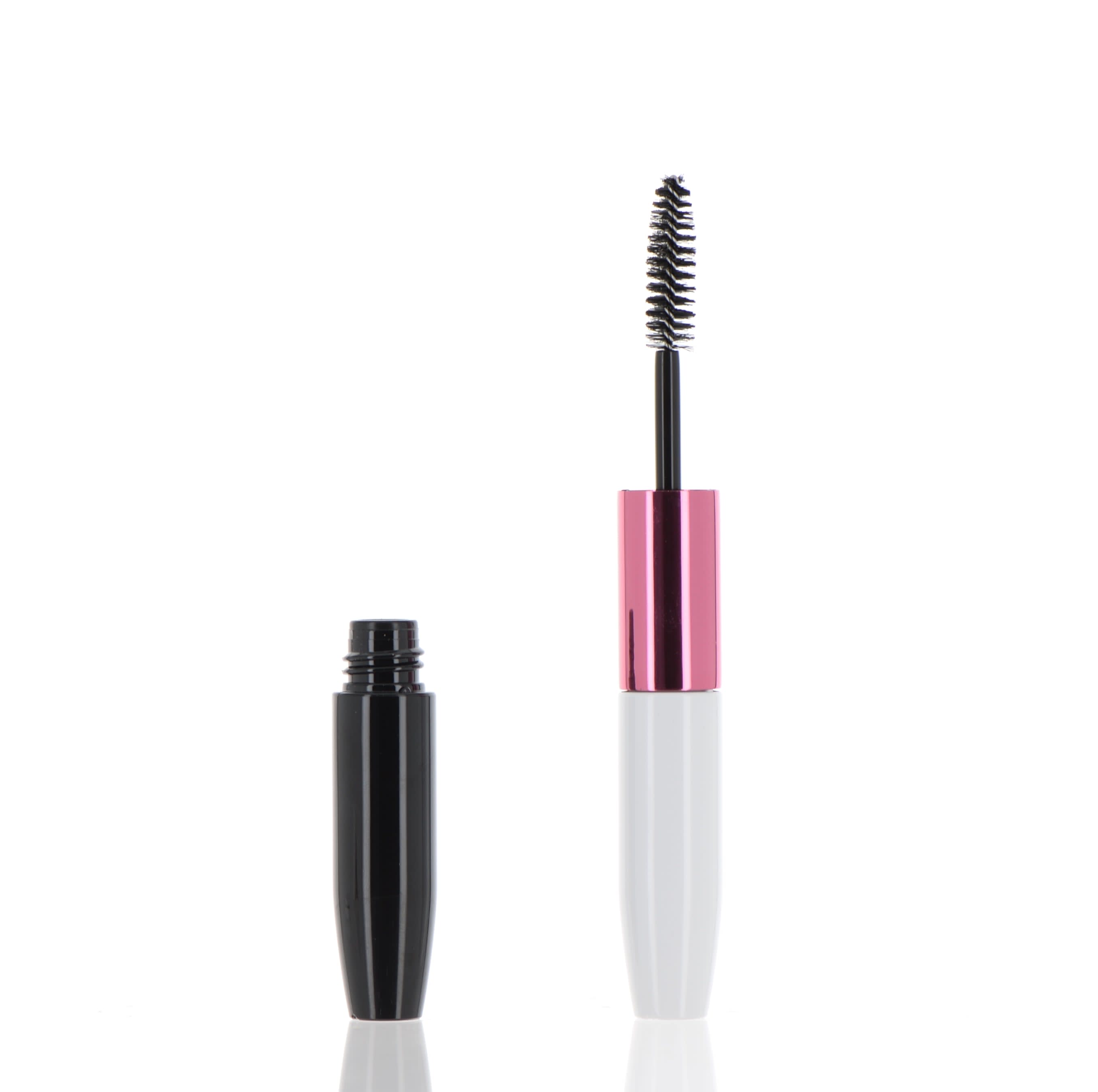 The image features the APG Packaging 0.1oz PP Mascara Tube. The mascara tube is sleek and cylindrical with a glossy black finish. The cap, also black, is attached to a long applicator wand. The tube itself is compact and appears to be made of durable plastic, designed for easy handling and application. This product looks elegant and functional, suitable for containing and applying mascara.