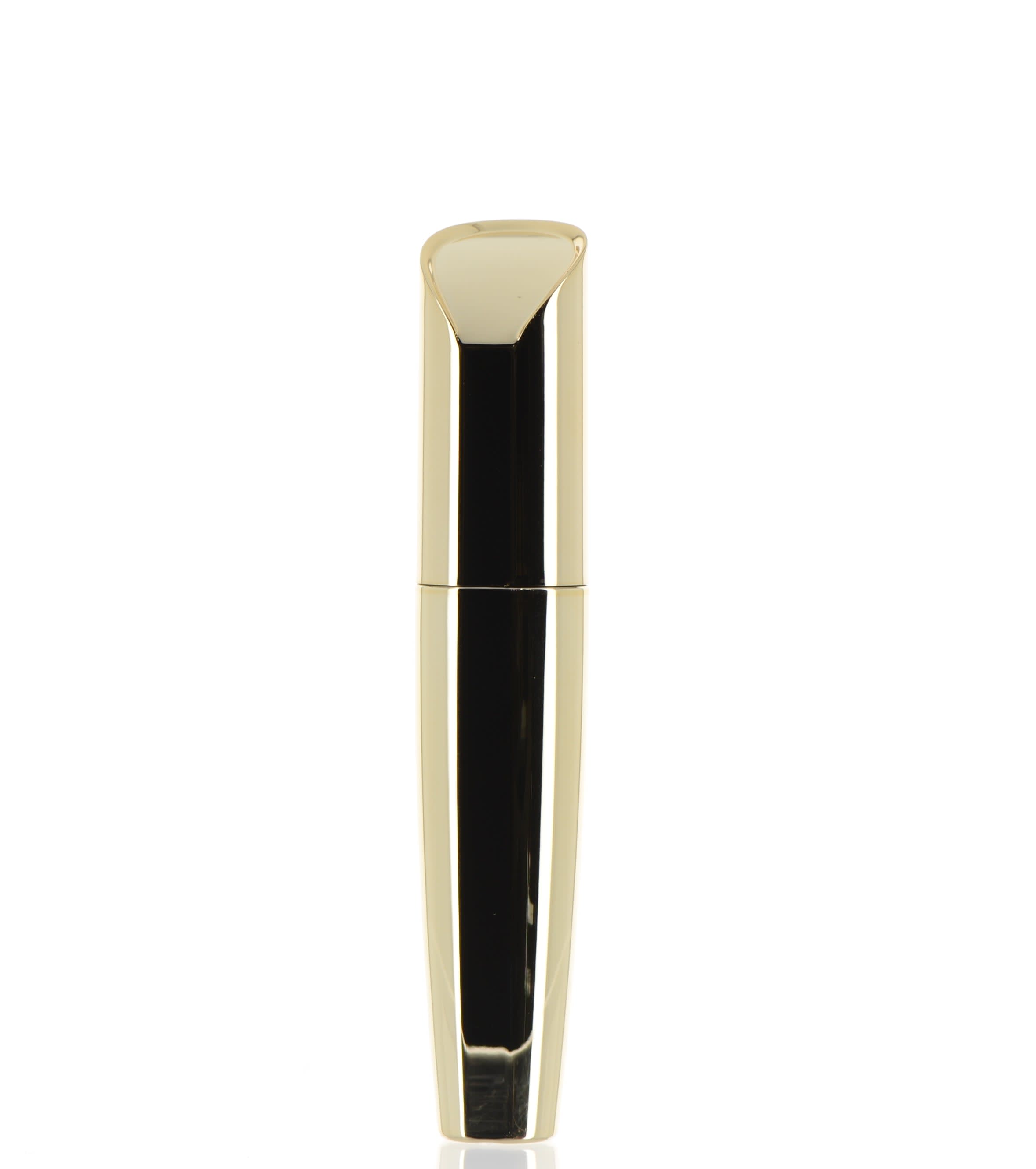 The image shows the APG Packaging 0.4oz Mixed Material Mascara Tube (APG-430028). The tube is sleek and cylindrical with a shiny silver cap and a clear body that allows the contents inside to be visible. The applicator wand appears to be attached to the inside of the cap. The overall design is modern and elegant, suitable for cosmetic use.