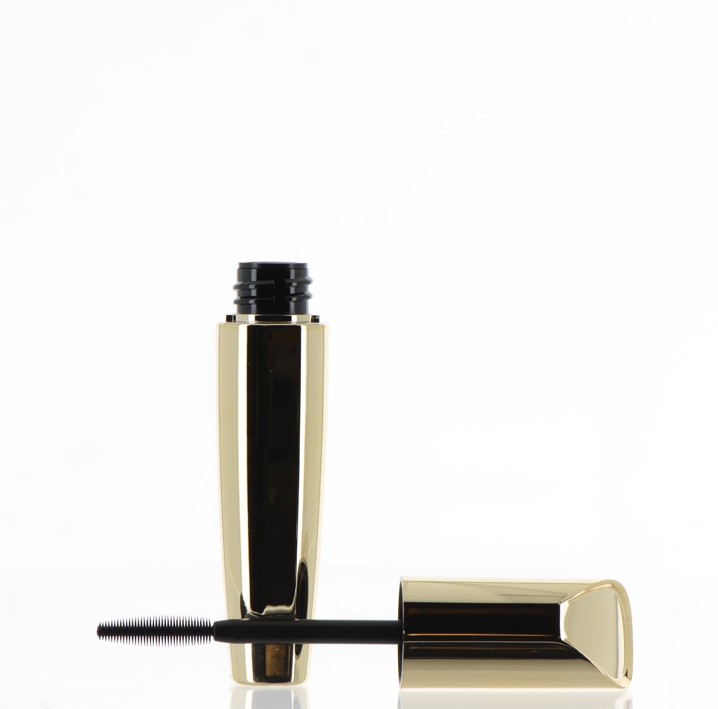 The image features the APG Packaging 0.4oz Mixed Material Mascara Tube (APG-430028). The mascara tube has a sleek, cylindrical design with a glossy black finish. The cap is slightly tapered and also black, creating a seamless look with the tube. The overall appearance is elegant and modern, suitable for high-end cosmetics. The tube is displayed on a plain, white background, highlighting its design and features.
