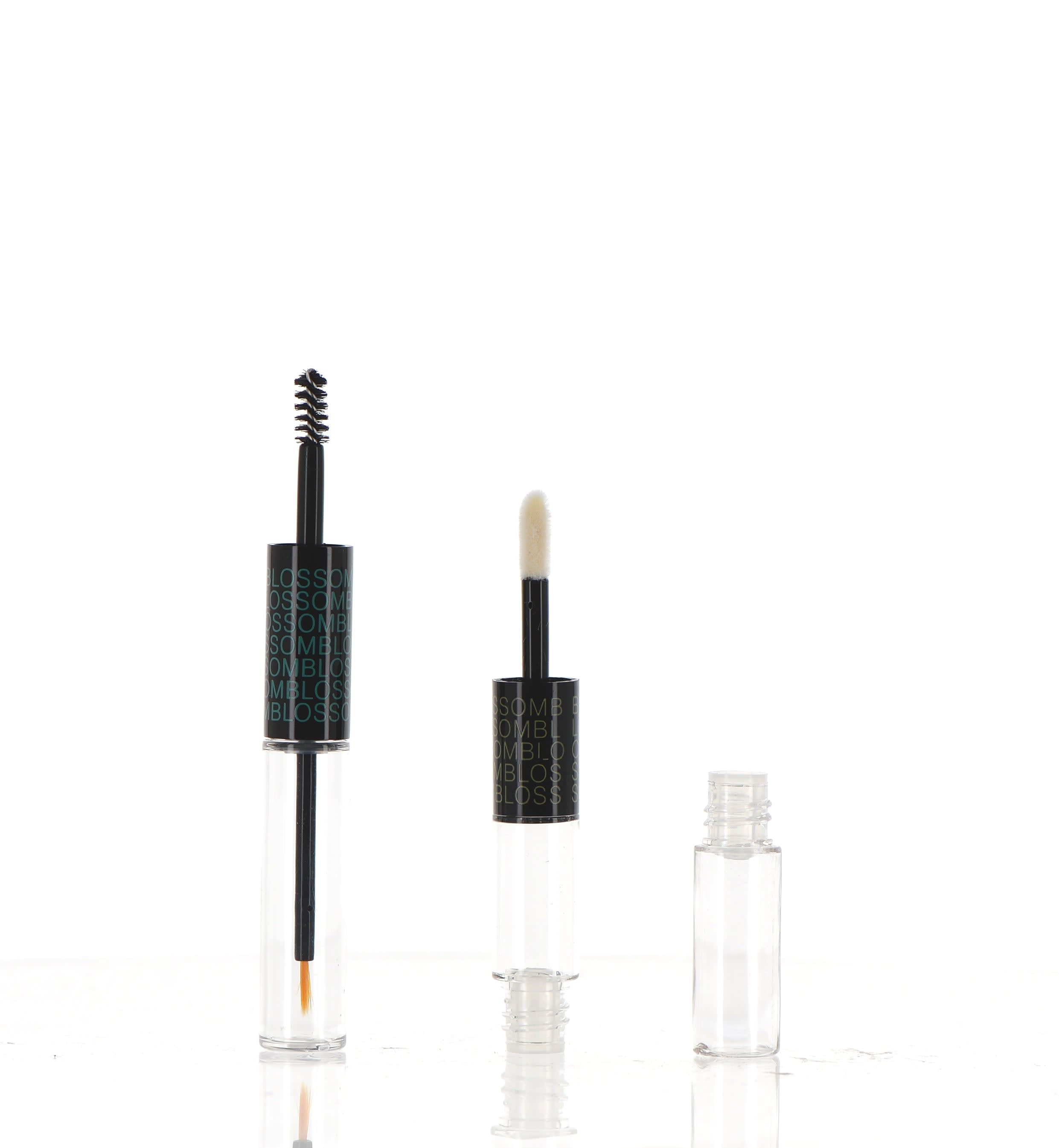 The image shows the APG Packaging 0.3oz PP Mascara Tube (APG-A001007DMN01). The mascara tube is sleek and cylindrical, with a glossy black finish. The cap, which is attached to the applicator wand, is also black and seamlessly blends with the tube. The design is simple and elegant, suitable for cosmetic use.