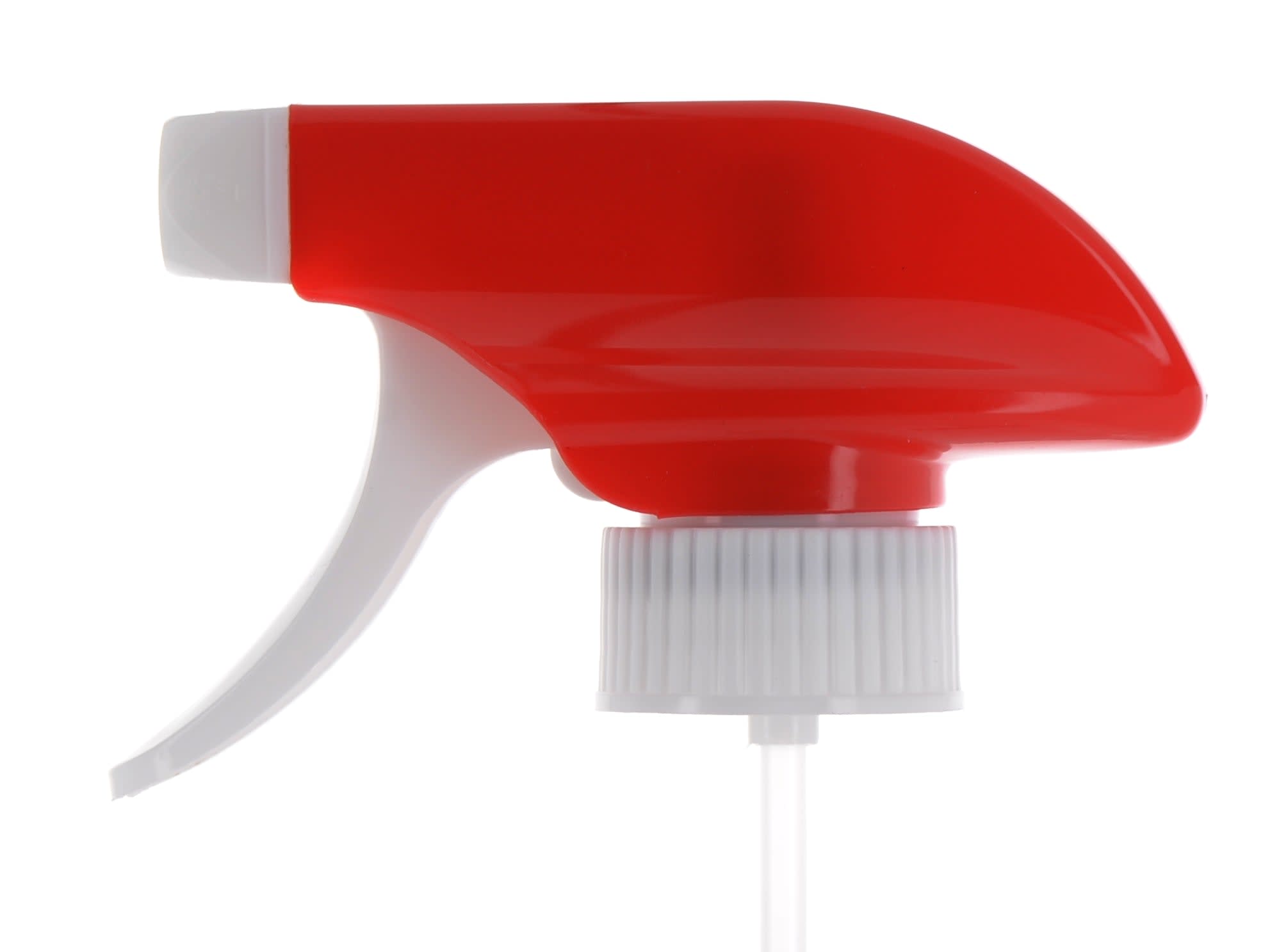 The image shows the APG Packaging Mixed Material Sprayer 28/0.415-0 APG-2111-28-RD-WT. The sprayer features a red nozzle and actuator with a white body and dip tube. The design appears ergonomic with a curved nozzle for comfortable use. The sprayer is designed to fit onto compatible bottles for dispensing liquids.