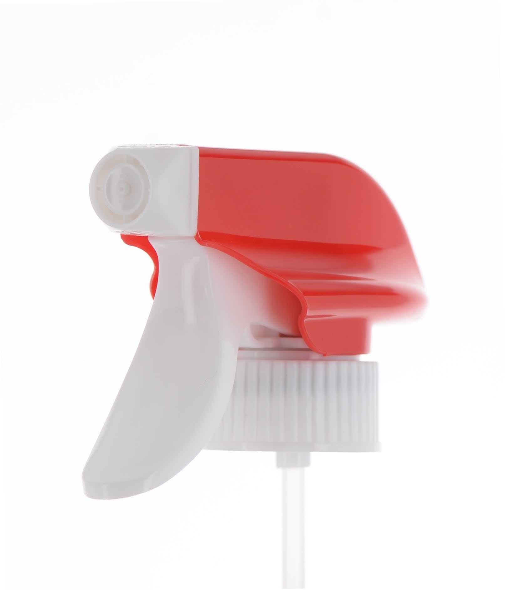 The image shows the APG Packaging Mixed Material Sprayer 28-0-415-0 (APG-2111-28-RD-WT). The sprayer features a red and white color scheme. The red nozzle head is equipped with a white trigger, while the white body of the sprayer is designed for attaching to a bottle. The sprayer appears to be designed for dispensing liquids in a spray form. The overall design is functional and ergonomic, suitable for various applications.