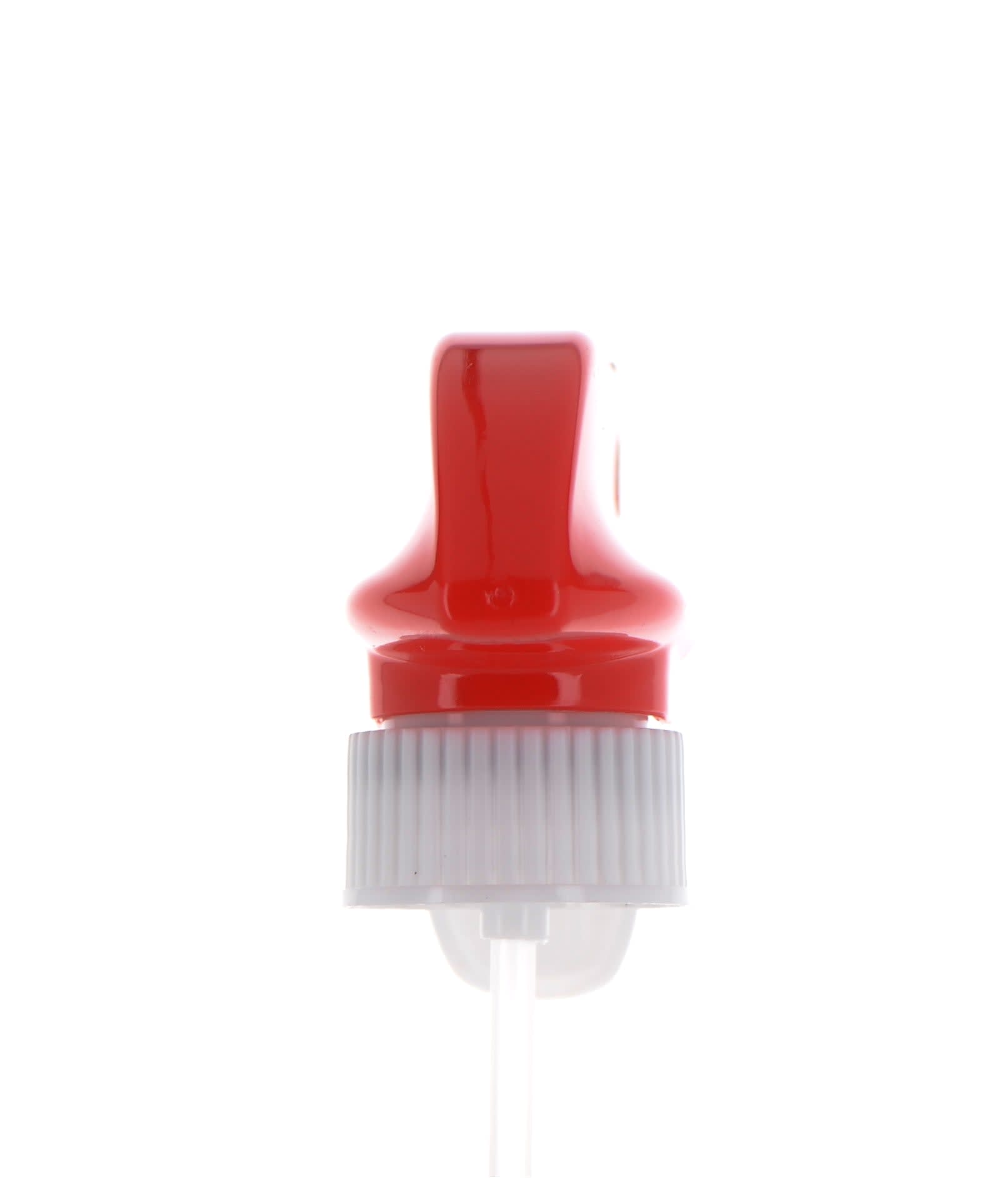 The image displays the APG Packaging Mixed Material Sprayer 28-0.415-0 (APG-2111-28-RD-WT). The sprayer features a red nozzle and trigger, with a white body and cap. The nozzle is ergonomically designed for ease of use, and the sprayer is designed to fit standard bottles with a 28-0.415-0 neck size. The overall design is sleek and functional, suitable for various liquid dispensing needs.