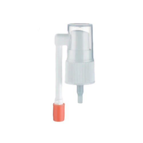 The image shows the APG Packaging Mixed Material Sprayer 24-410. It features a white plastic sprayer head with a ribbed cap for secure attachment to bottles. The nozzle is designed for dispensing liquids in a fine mist. The sprayer's dip tube is visible, extending from the base of the cap. The overall design is sleek and functional, suitable for a variety of liquid products.