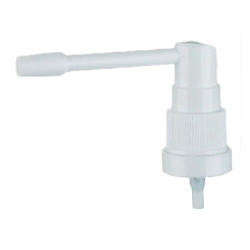 The image shows the APG Packaging Mixed Material Sprayer 24-410. The sprayer features a white plastic body with a smooth, cylindrical shape. It has a long, slender spray nozzle extending from the top, and a ribbed collar for easy grip and attachment to a bottle. The overall design is sleek and functional, suitable for a variety of liquid dispensing needs.