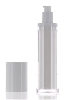 The image shows the APG Packaging 1.0oz Mixed Material Airless Bottle (APG-ZKF20ML-30). The bottle has a sleek, cylindrical design with a clear body and a white cap. The clear body allows visibility of the contents inside, while the white cap provides a clean and modern look. The airless pump mechanism is visible at the top, indicating ease of use and precise dispensing.