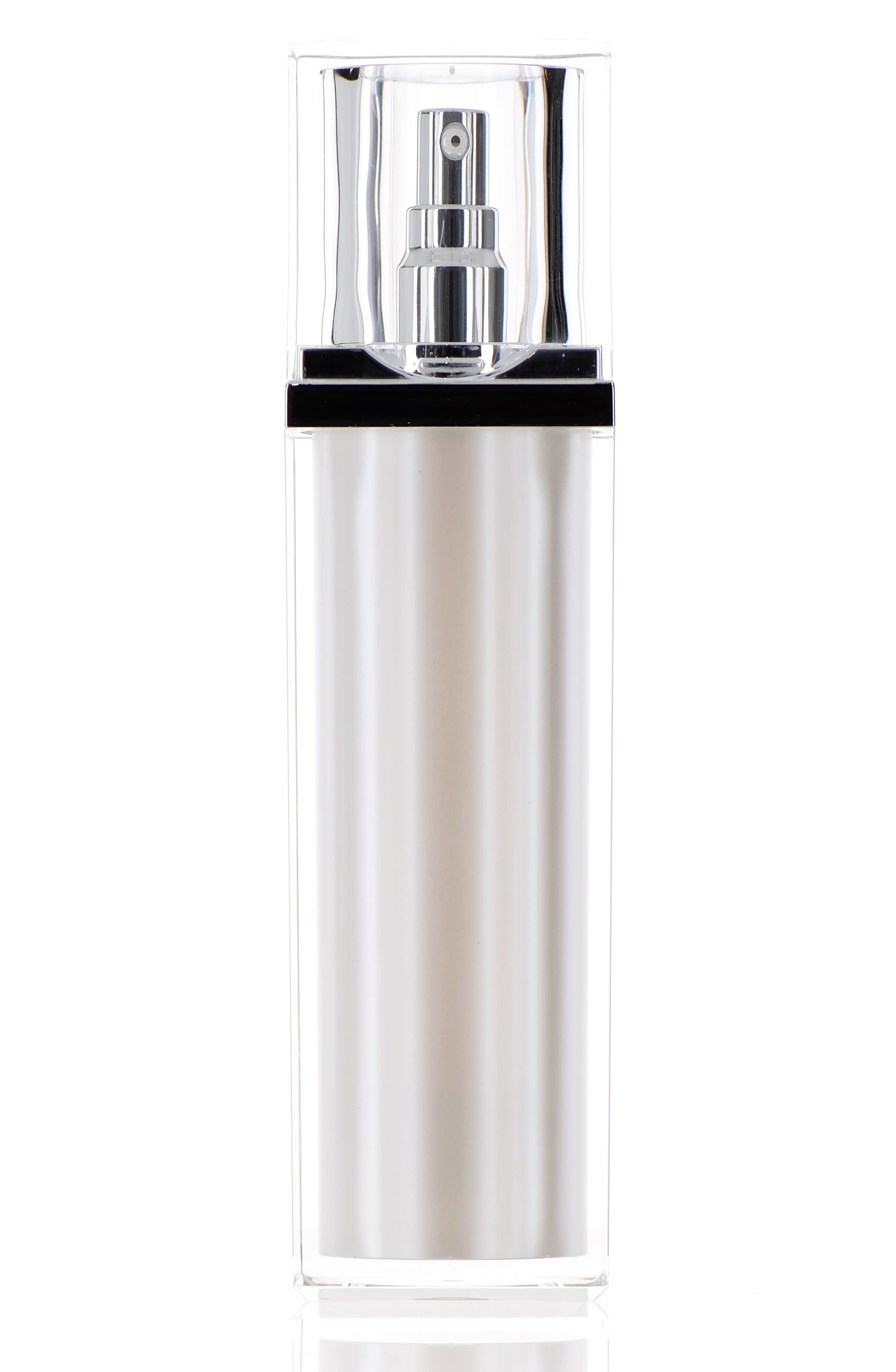 The image shows the APG Packaging 1.0oz Mixed Material Airless Bottle (APG-Z-F-100). The bottle features a sleek, cylindrical design with a clear outer shell and an opaque inner component. The bottle has a smooth, shiny surface and is equipped with a pump dispenser at the top. The dispenser is covered by a transparent cap that fits snugly over the nozzle, providing a clean and modern appearance. The overall aesthetic of the bottle is minimalist and elegant.