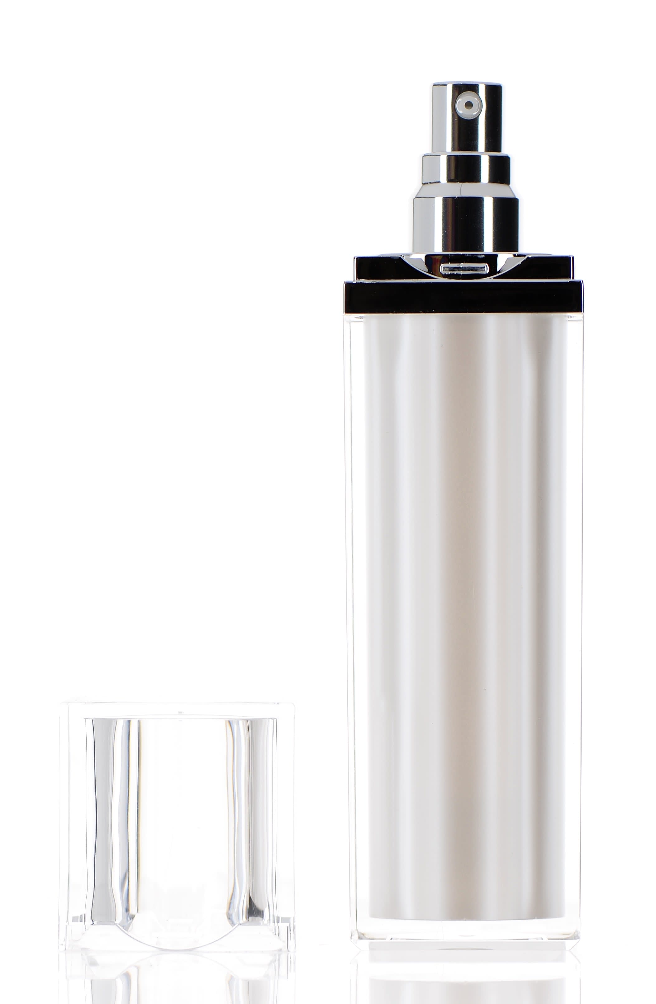 The image shows a sleek and modern 1.0oz airless bottle labeled as "APG Packaging 1.0oz Mixed Material Airless Bottle (APG-Z-F-100)." The bottle features a clear body that allows visibility of the contents inside. It has a cylindrical shape with a white pump dispenser and a matching white cap. The overall design is minimalist and functional, suitable for cosmetic or skincare products.