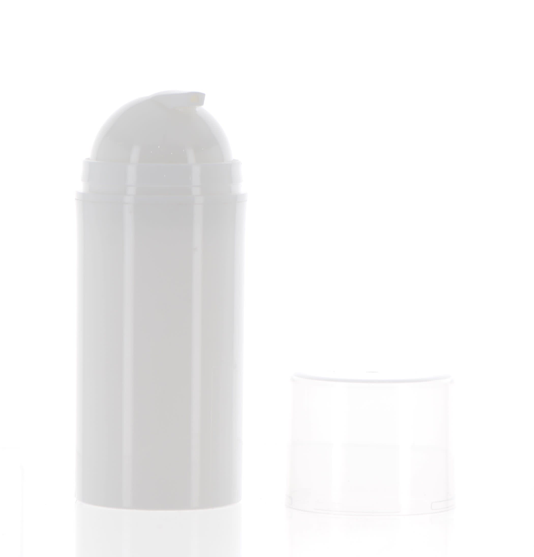 The image shows the APG Packaging 1.7oz PP Airless Bottle (APG-D9-35-50). It is a cylindrical bottle with a sleek, modern design. The bottle features a smooth, white body and a clear cap that covers the pump dispenser. The pump itself is also white, blending seamlessly with the rest of the bottle. The overall look is clean and minimalistic, suitable for various cosmetic and skincare products.