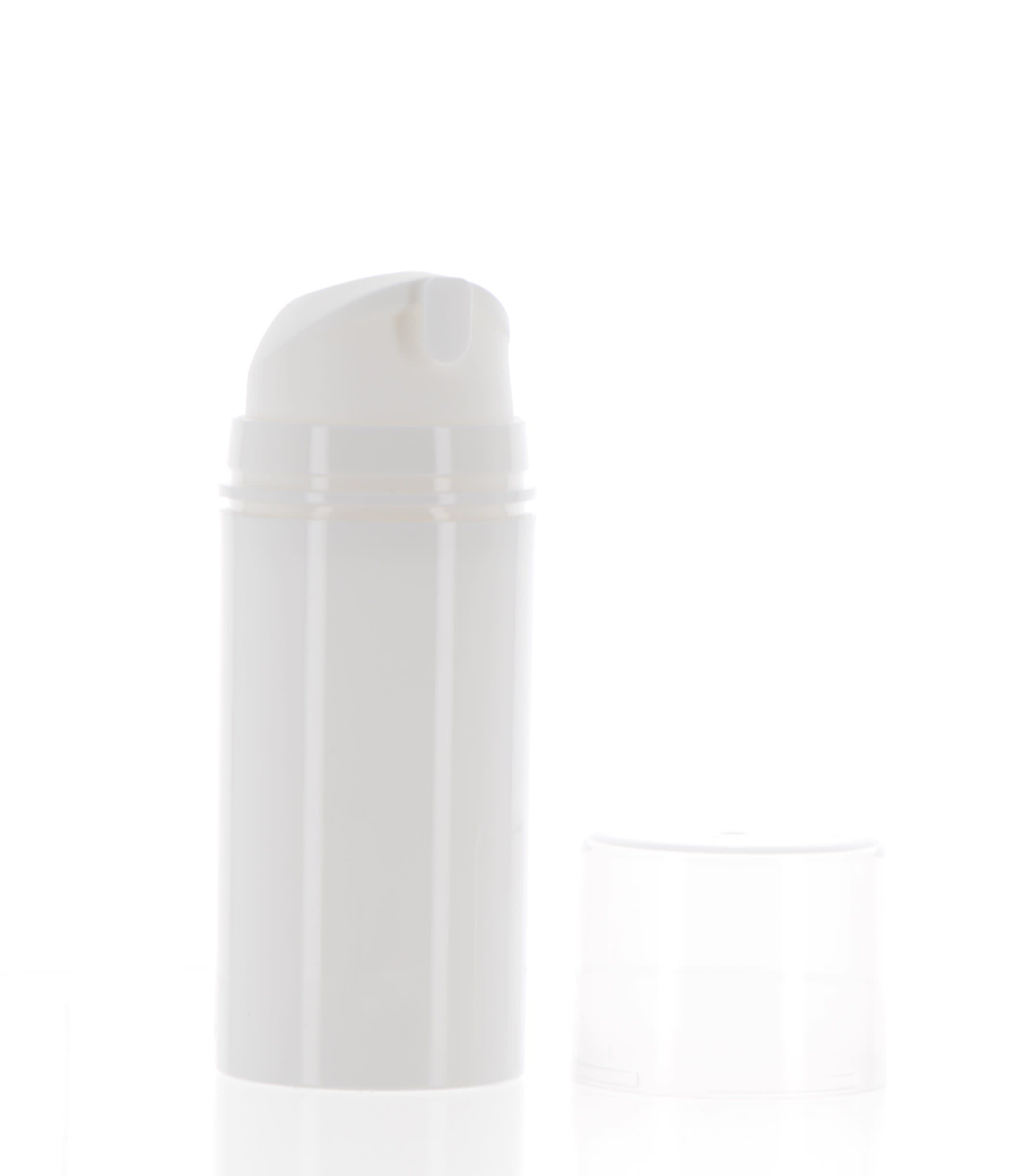 The image features the APG Packaging 1.7oz PP Airless Bottle (APG-D3-35-50). The bottle has a sleek, cylindrical shape with a clear outer casing that reveals a white inner container. The top of the bottle is equipped with a smooth, rounded, white pump dispenser. The overall design of the bottle is modern and minimalist, emphasizing functionality and simplicity.