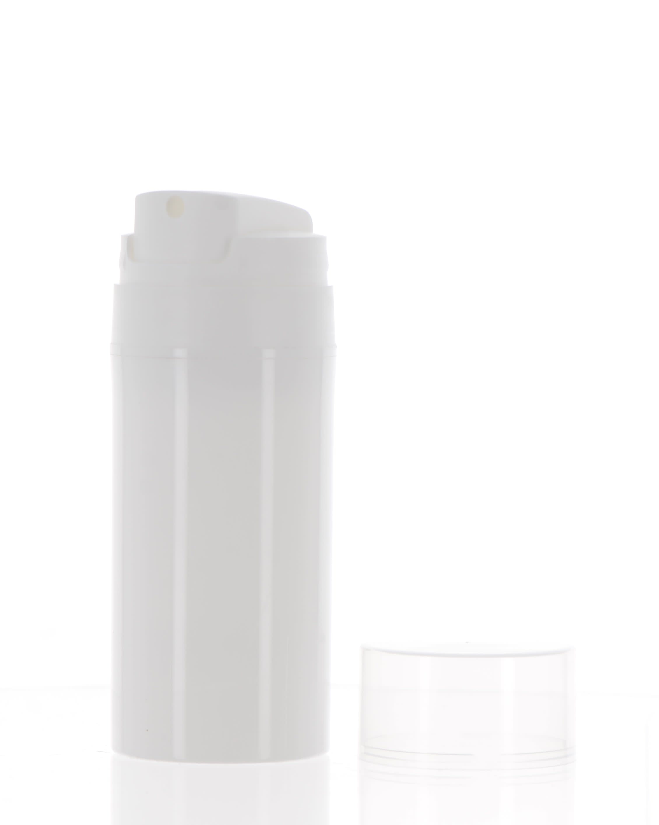 The image shows the APG Packaging 2.5oz PP Airless Bottle (APG-D6-50). The bottle is cylindrical with a clear outer casing and a white inner container. It features a white pump dispenser on top, which is covered by a transparent cap. The overall design is sleek and modern, making it suitable for various cosmetic and skincare products.